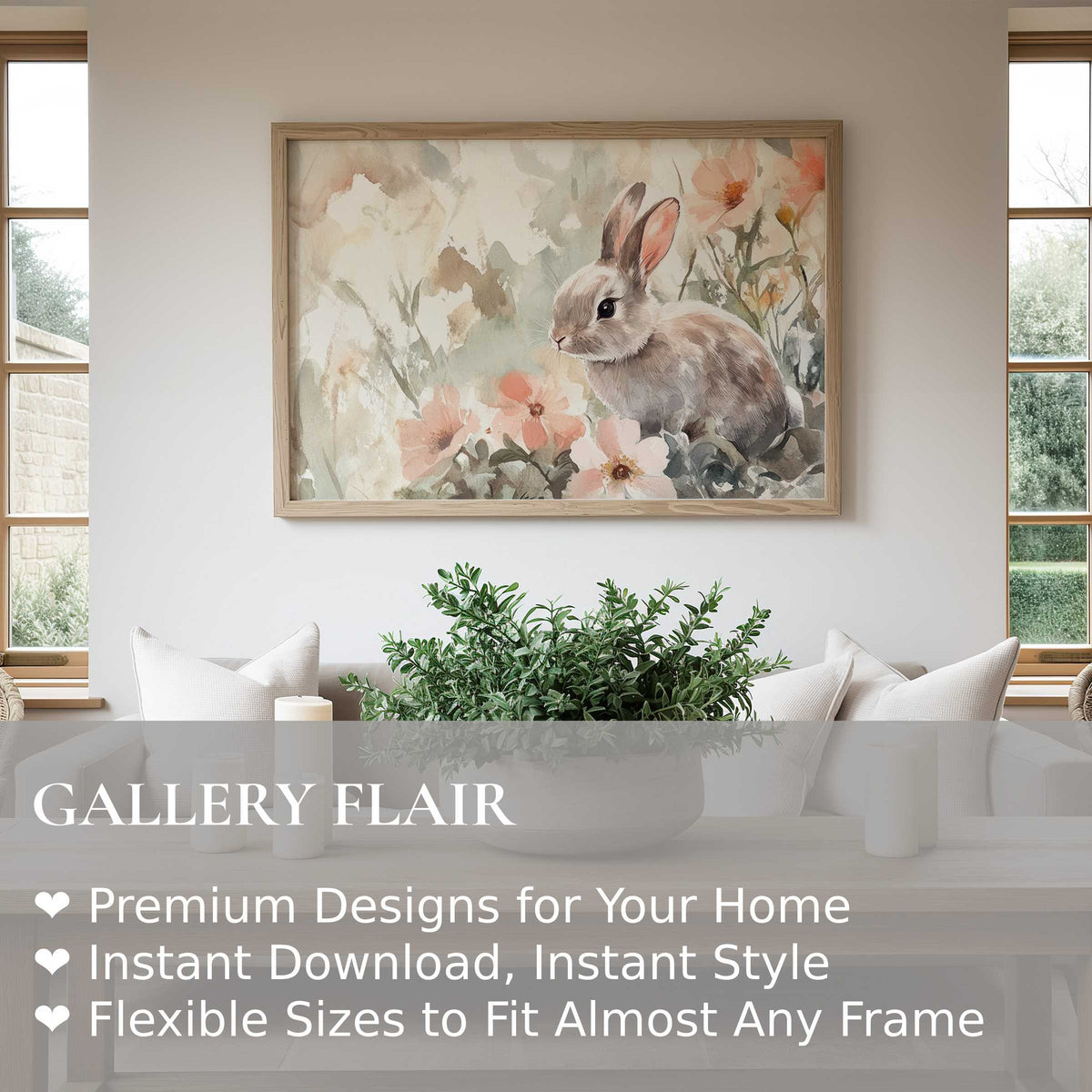 Easter wall art print featuring a soft watercolor bunny among pastel blooms, elevating serene modern farmhouse interiors