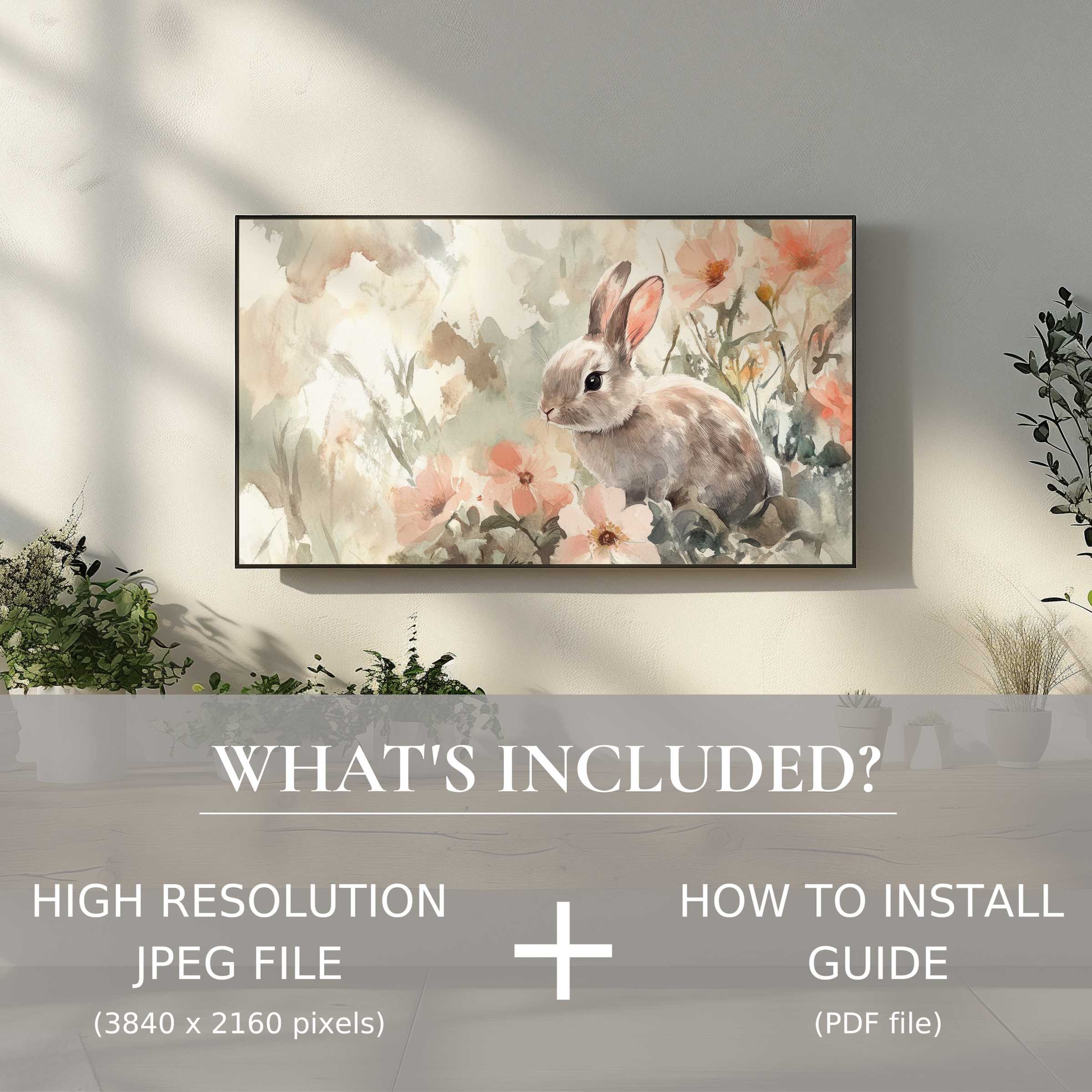 Elegant Easter digital TV art download featuring a delicate bunny, easily enhances modern living spaces with instant use