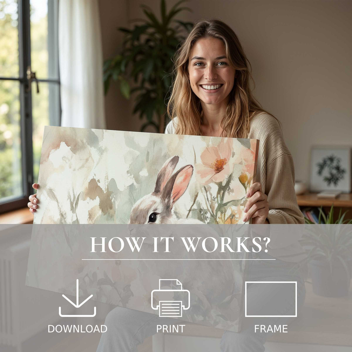 In a sunlit, stylish living space, a woman’s radiant smile reflects the joy of embracing an easter digital art print-effortlessly bringing nature’s gentle beauty into home life