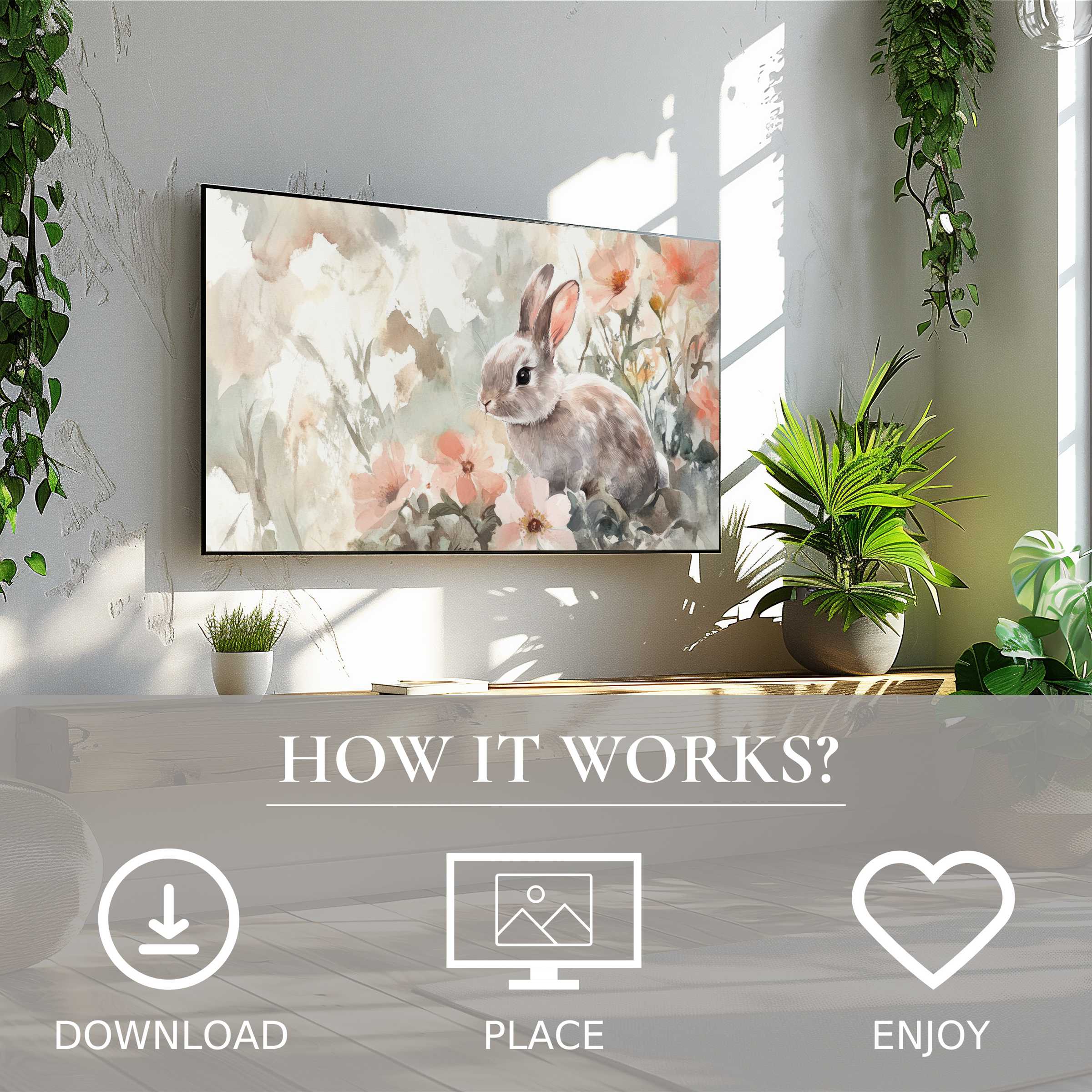 Modern living room with easy digital download Easter art for Samsung TV; soft pastel bunny and floral motif enrich space