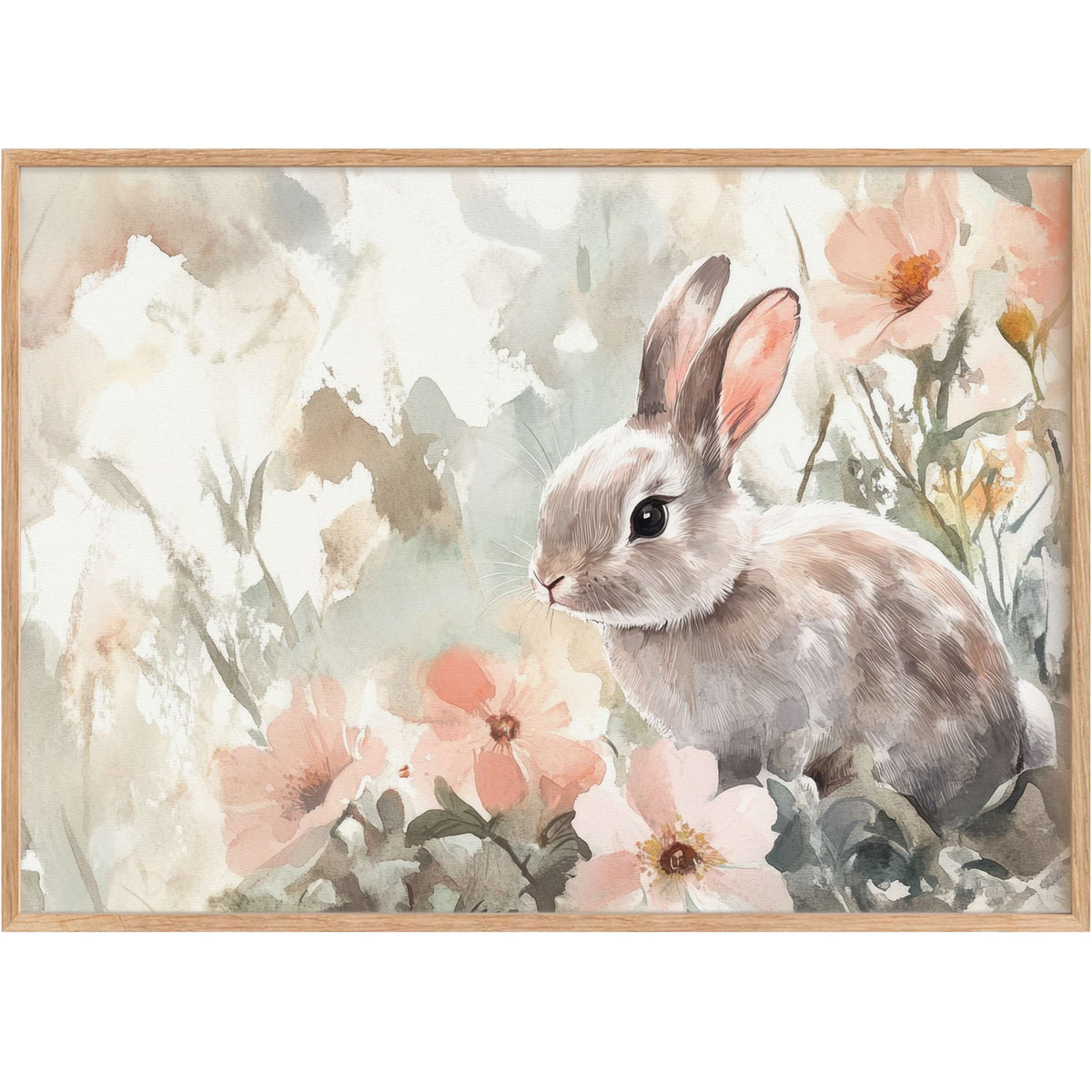 Delicate easter printable wall art featuring a serene bunny amid soft blush florals, evoking a tranquil, refined ambiance