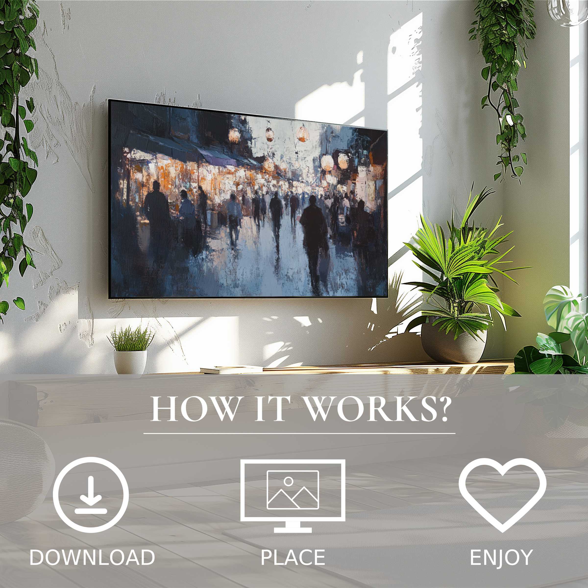 Urban art for Samsung TV in a bright living room, featuring a digital download of moody cityscape lights