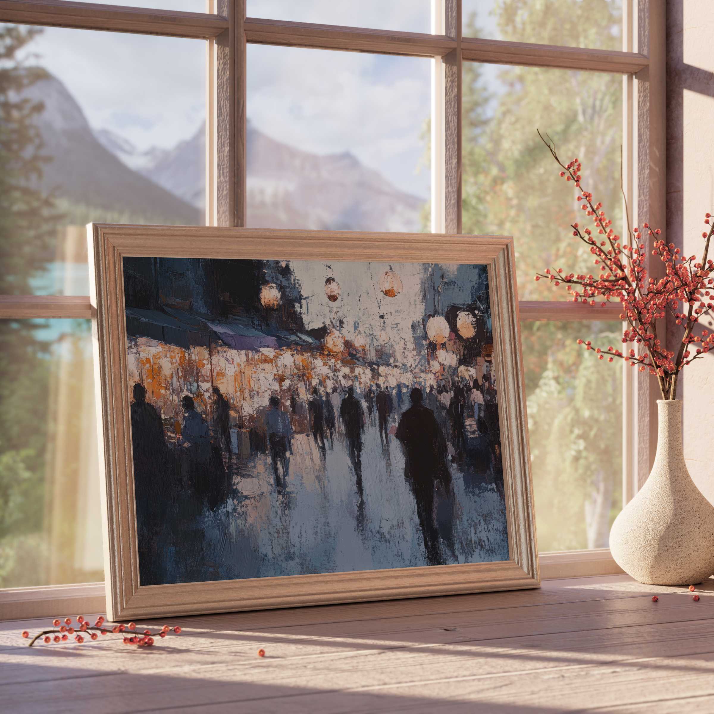 Urban downloadable art capturing twilight city silhouettes and glowing lanterns, perfect for serene, design-forward interiors