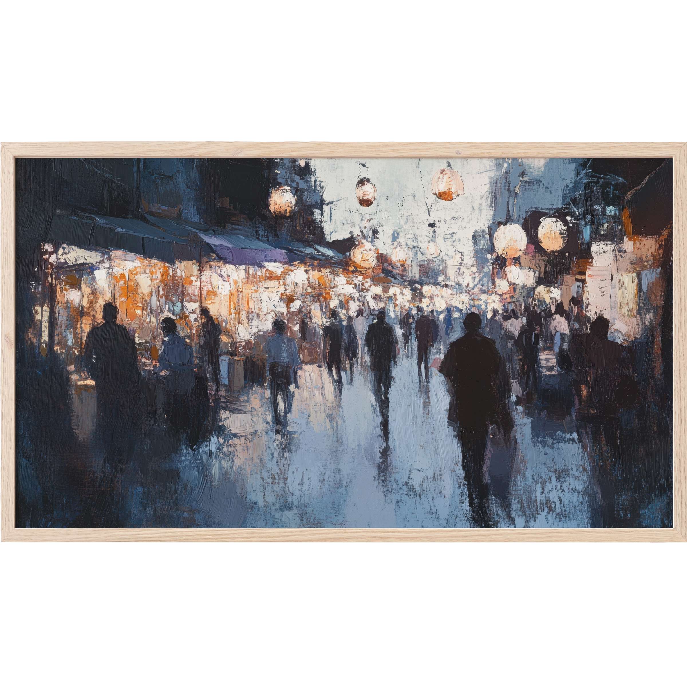 Urban night market scene in moody blues and warm lights, textured brushstrokes create depth - urban Frame TV Art