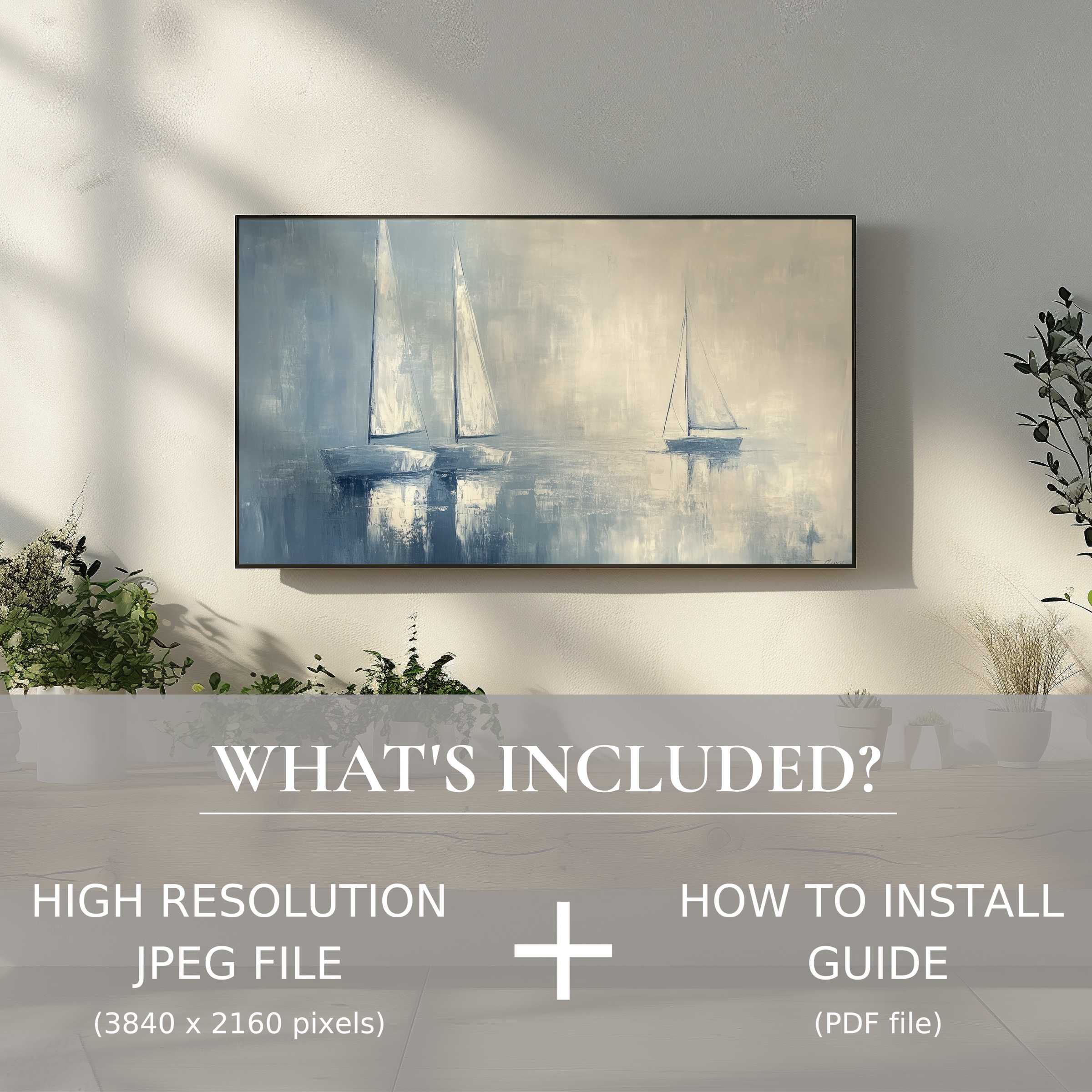Elegant coastal digital TV art download enhances stylish living spaces with easy digital use and serene sailboat imagery