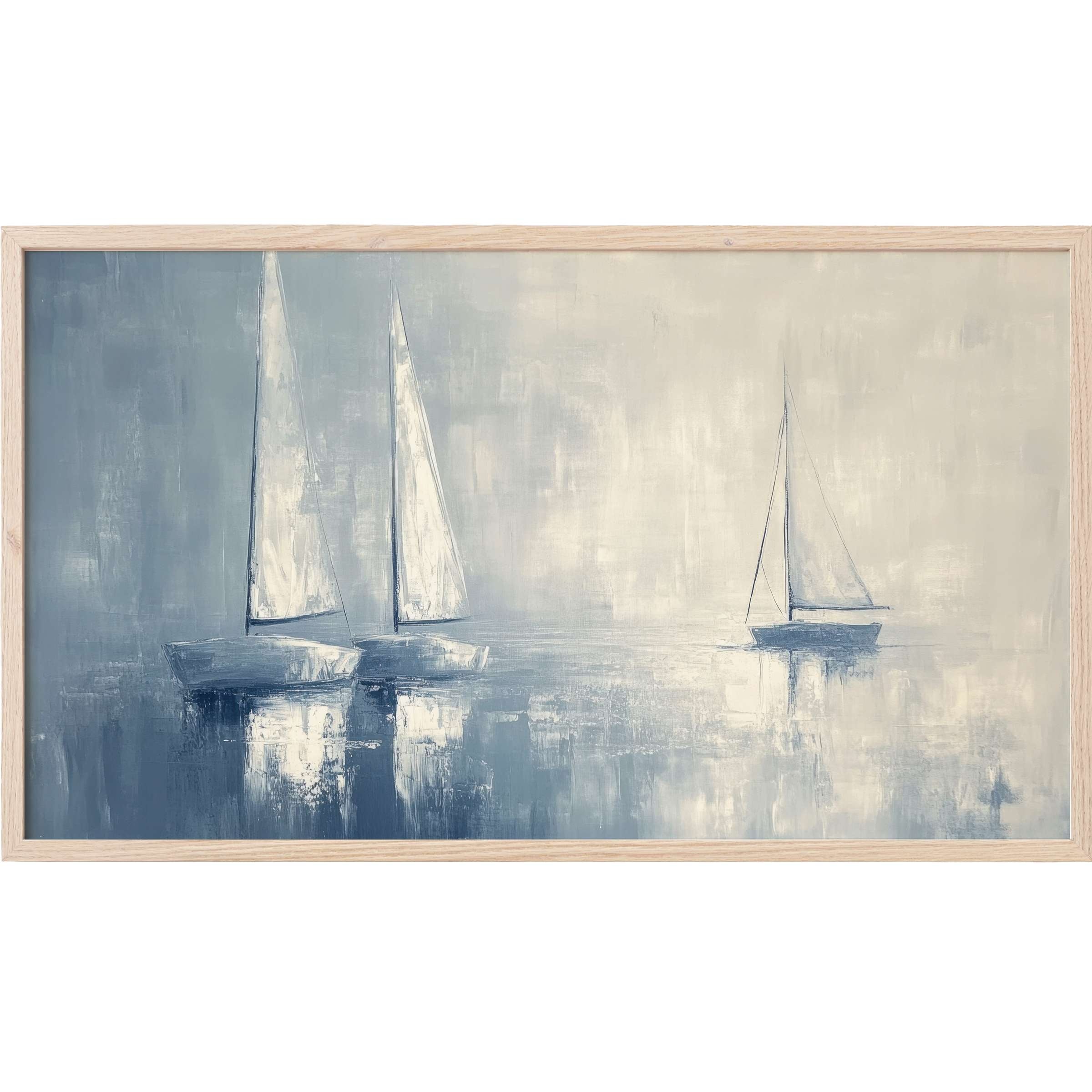 Dreamy sailboats in muted blues and creamy whites evoke calm serenity in this coastal Frame TV Art