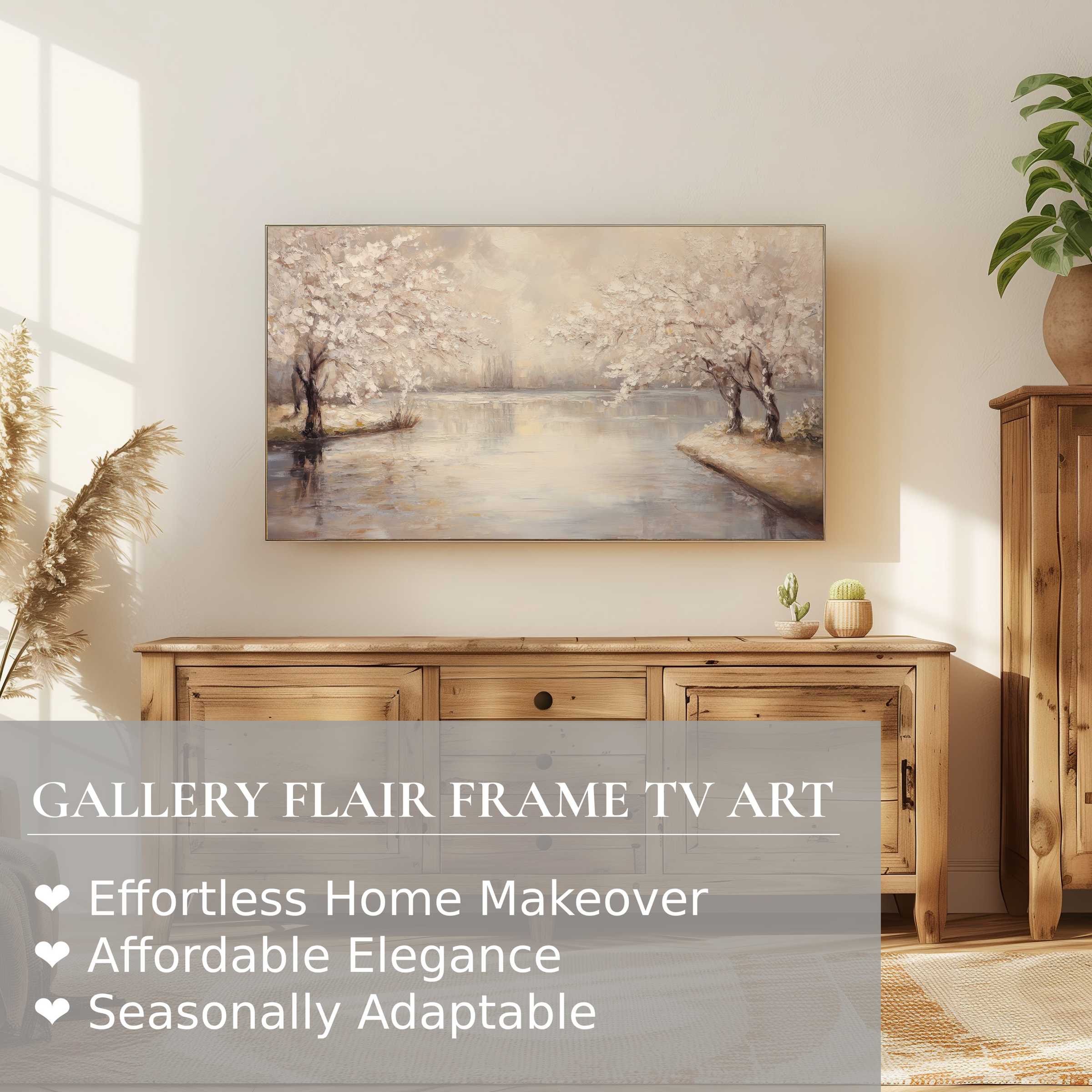 Samsung Frame TV displaying serene landscape digital artwork in a warm, elegant living space with natural wood accents