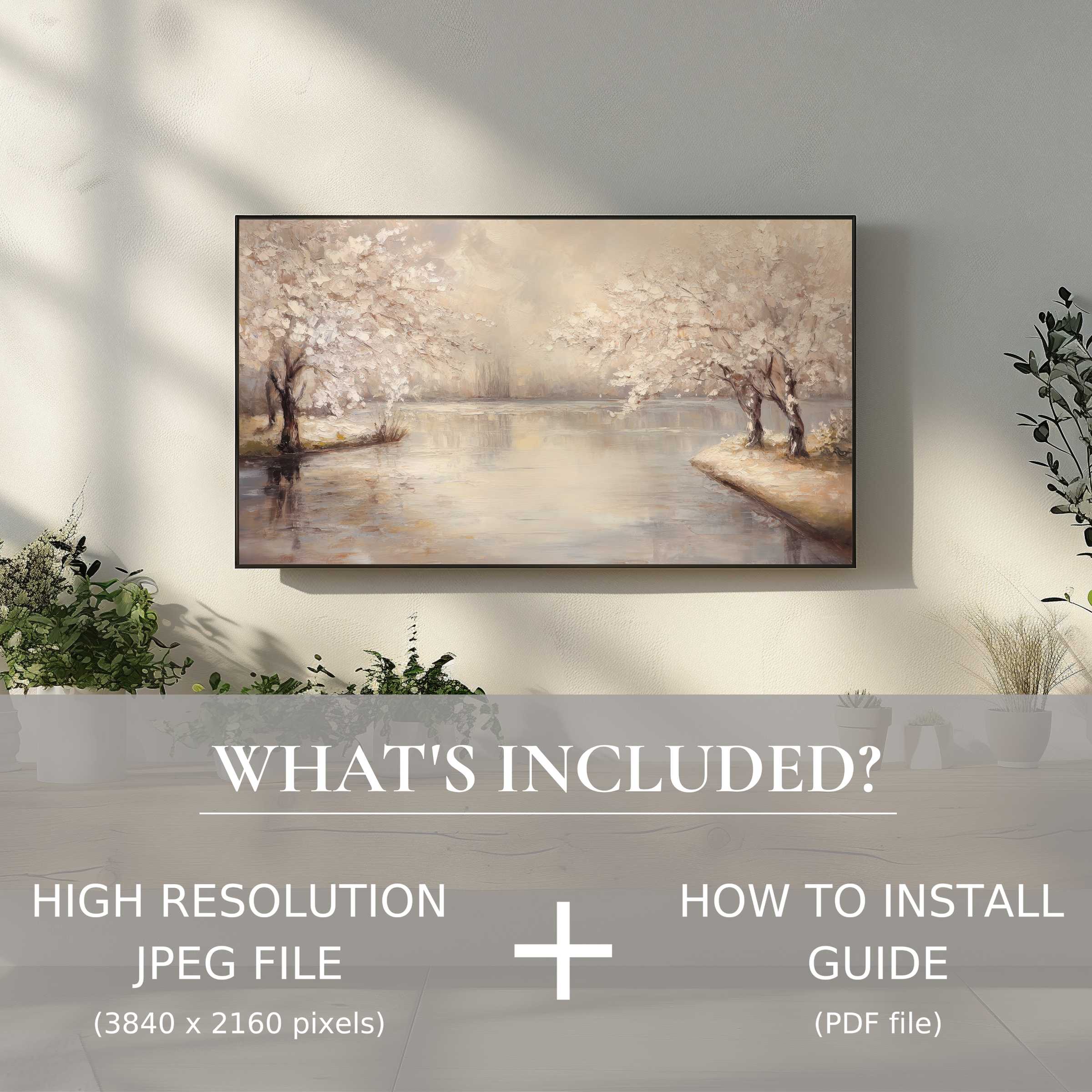 Elegant living room with serene landscape digital TV art download, enhancing space with easy digital use and refined style
