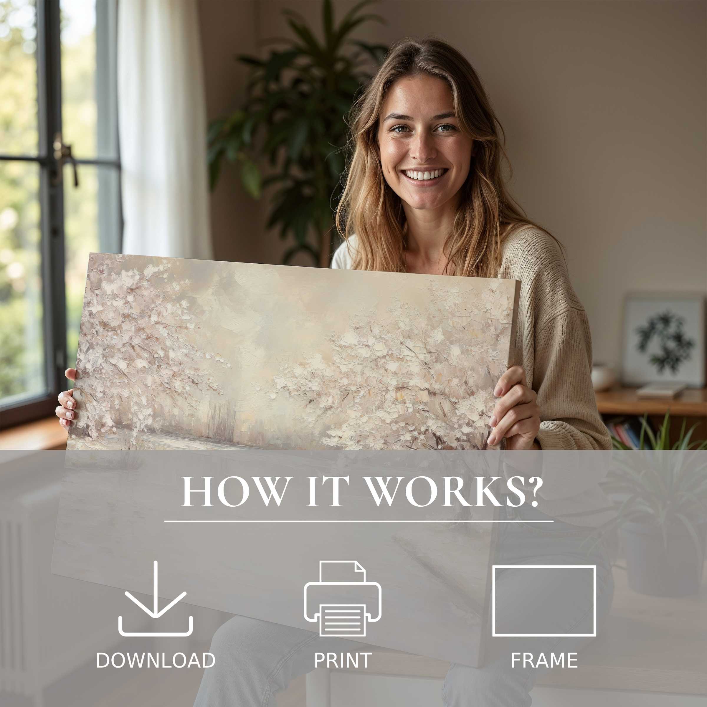 Bright, serene moment showcasing a landscape digital art print, embodying joy and effortless elegance in modern home decor