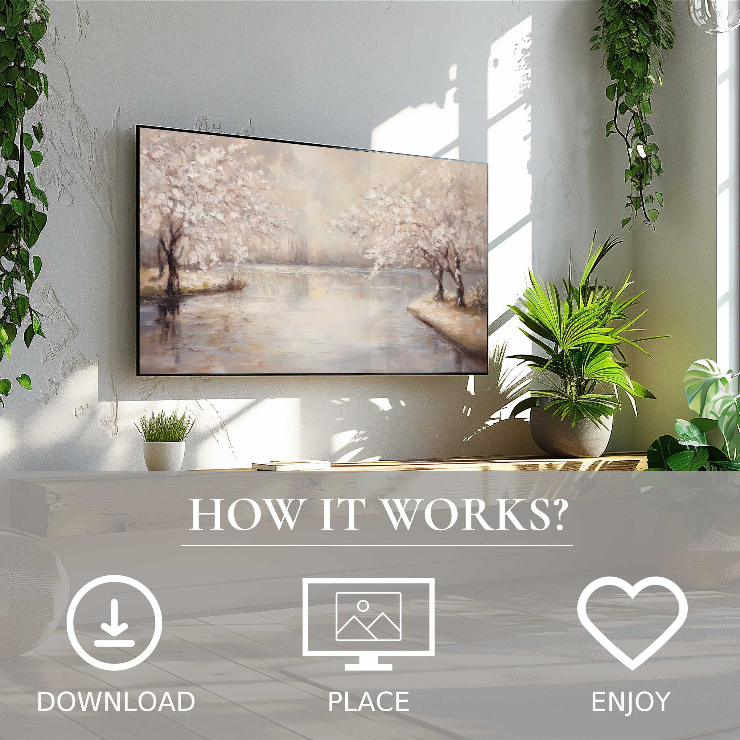 Modern living room with peaceful landscape art for Samsung TV, soft pastel color flow, easy digital download decor