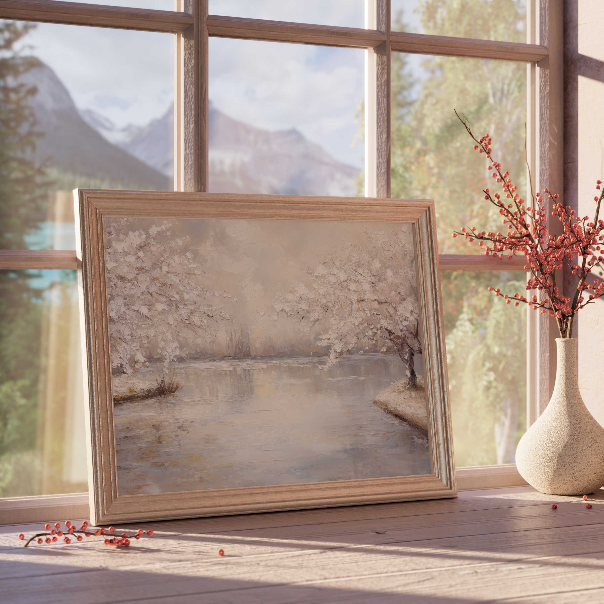 Serene landscape downloadable art with soft pastels, enhancing tranquil, curated interiors with elegant river and blossom scenes
