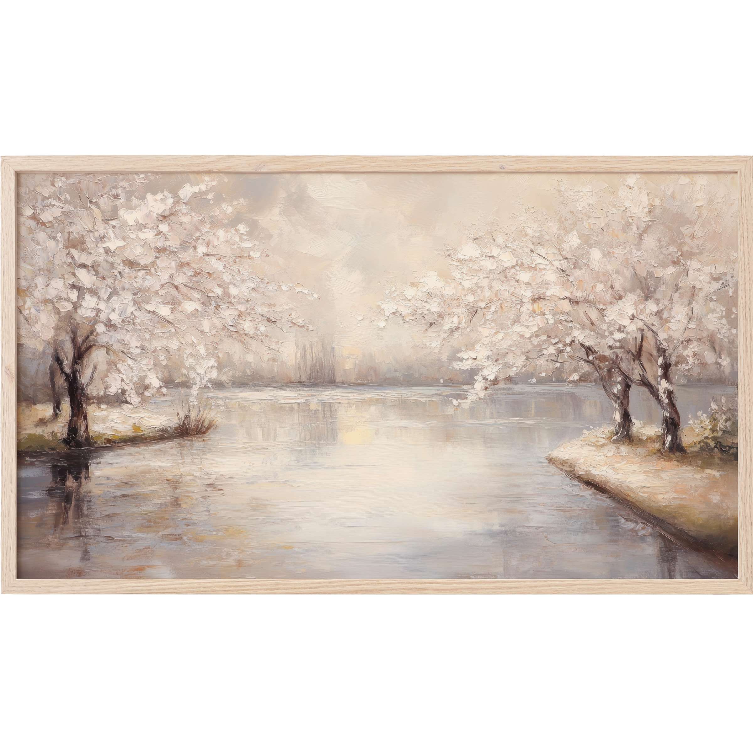 Soft pastel landscape with blossoming trees by a river, textured brushstrokes, elegant landscape Frame TV Art