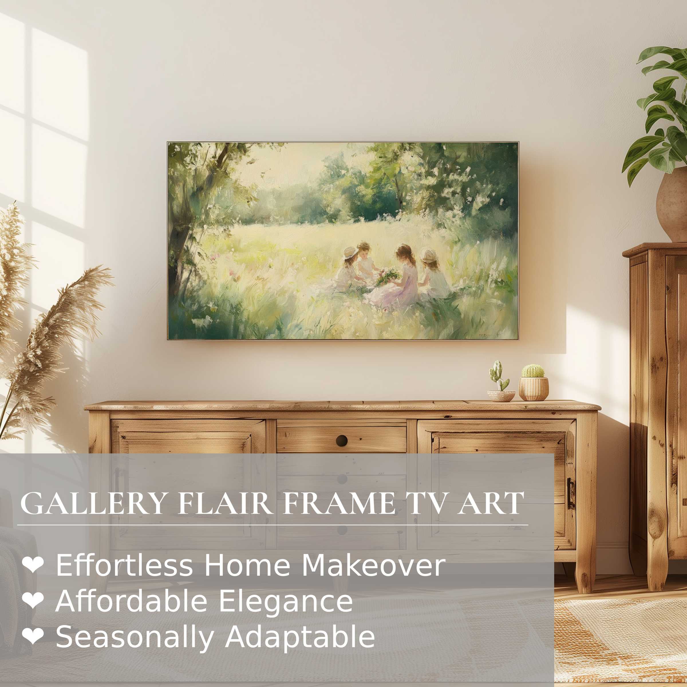 Samsung Frame TV displaying serene summer digital artwork of children in light, airy pastoral setting