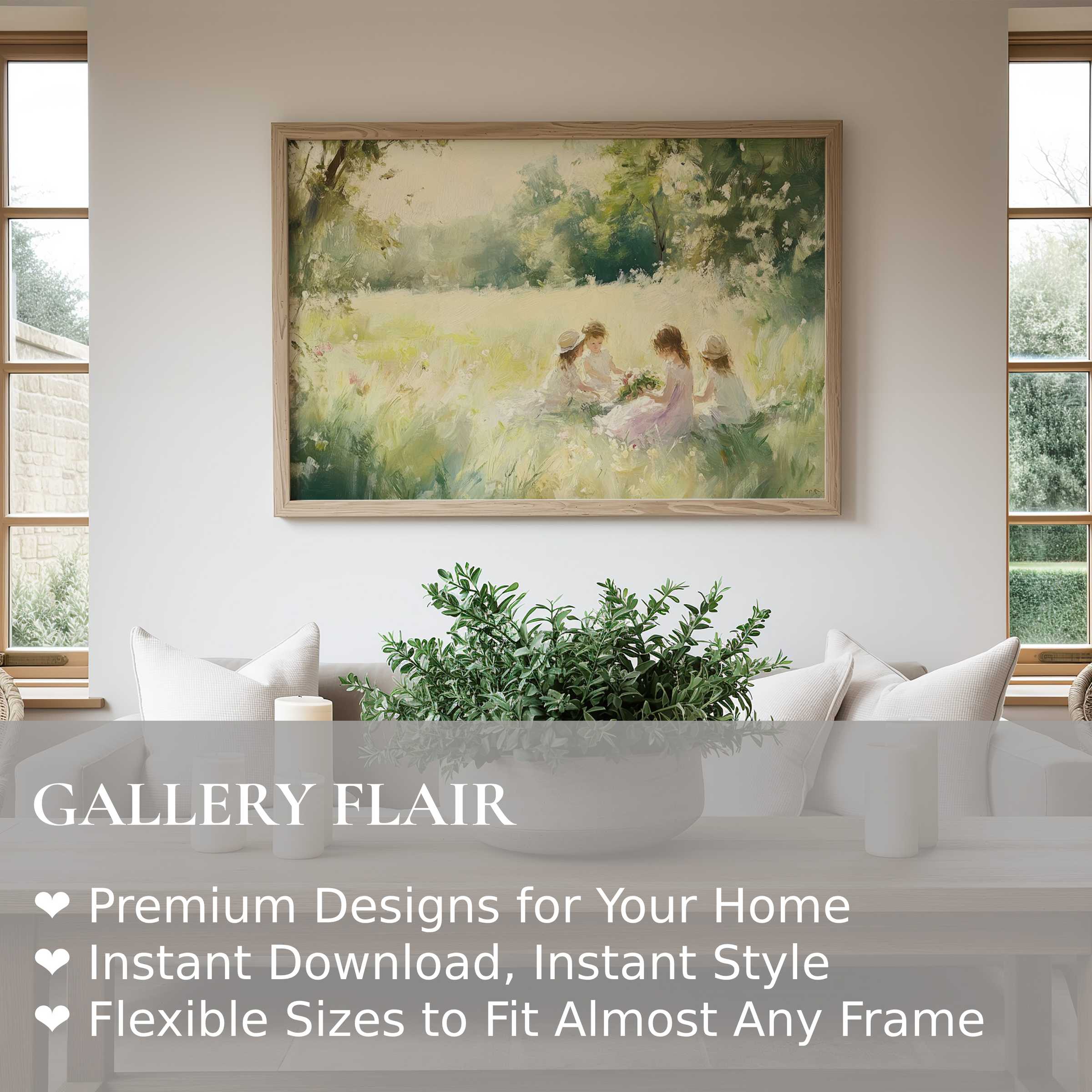 Radiant summer wall art print capturing serene children in a sunlit meadow, enhancing modern minimalist interiors with soft, calming elegance