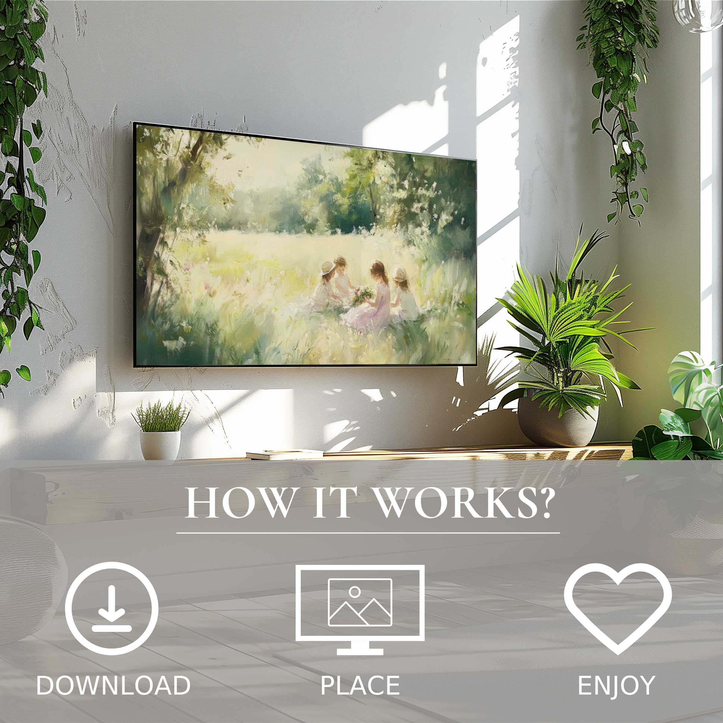 Summer art for Samsung TV shows soft pastel meadow scene, easy digital download, enriching modern living spaces with warmth