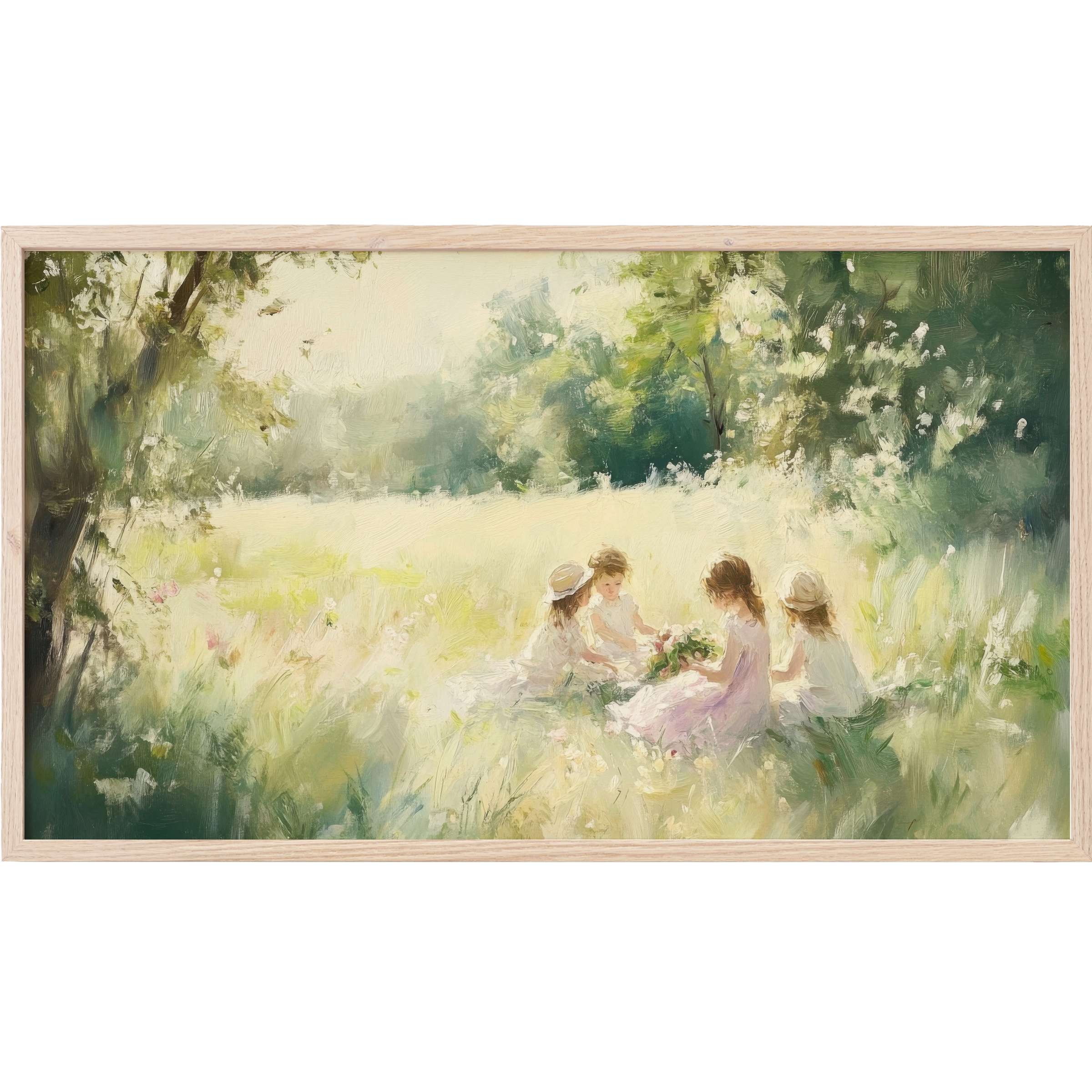 Summer Frame TV Art depicting soft impressionist children in pastel dresses in a sunlit, lush green meadow