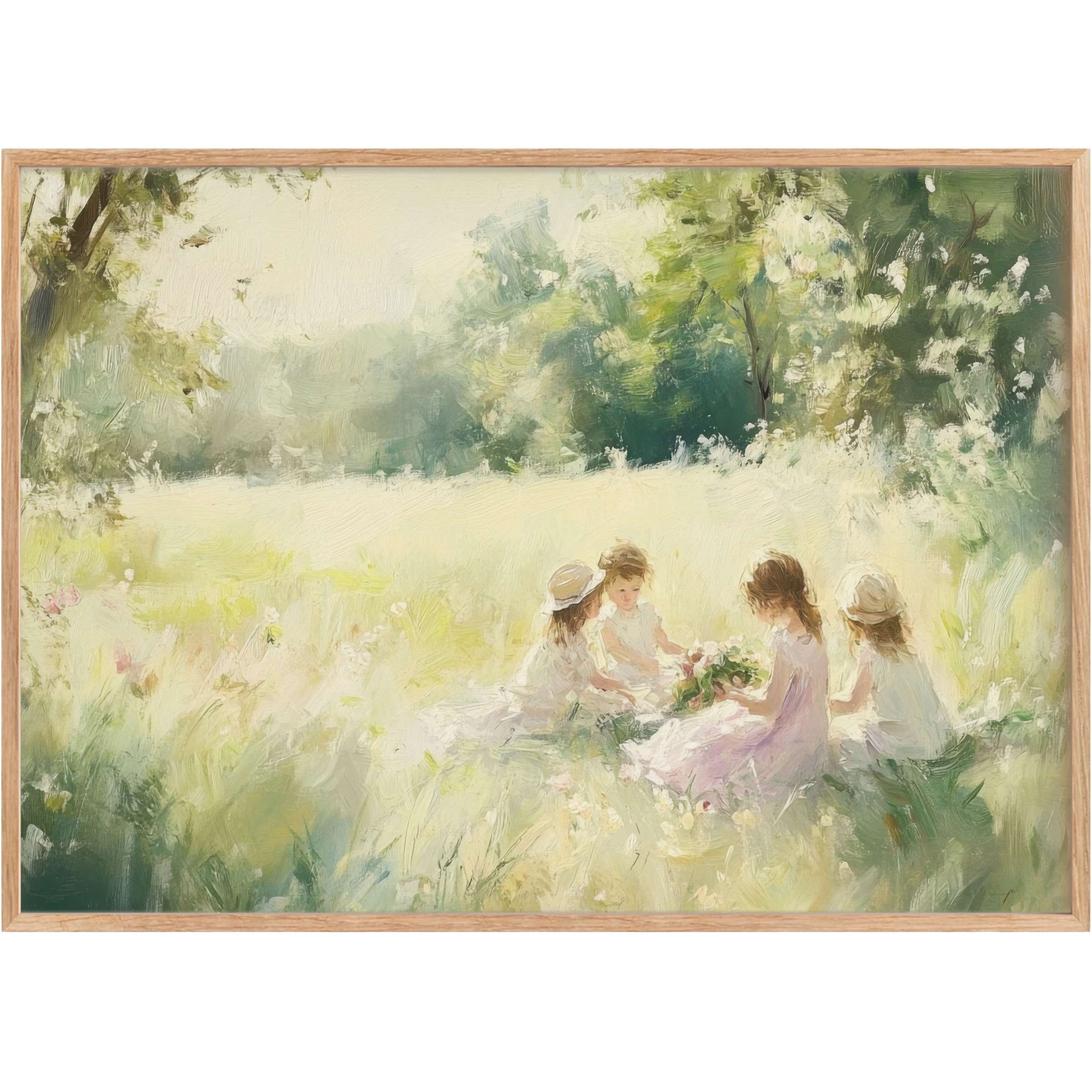 Summer printable wall art captures serene childhood moments bathed in soft greens and warm sunlight, evoking gentle, radiant calm