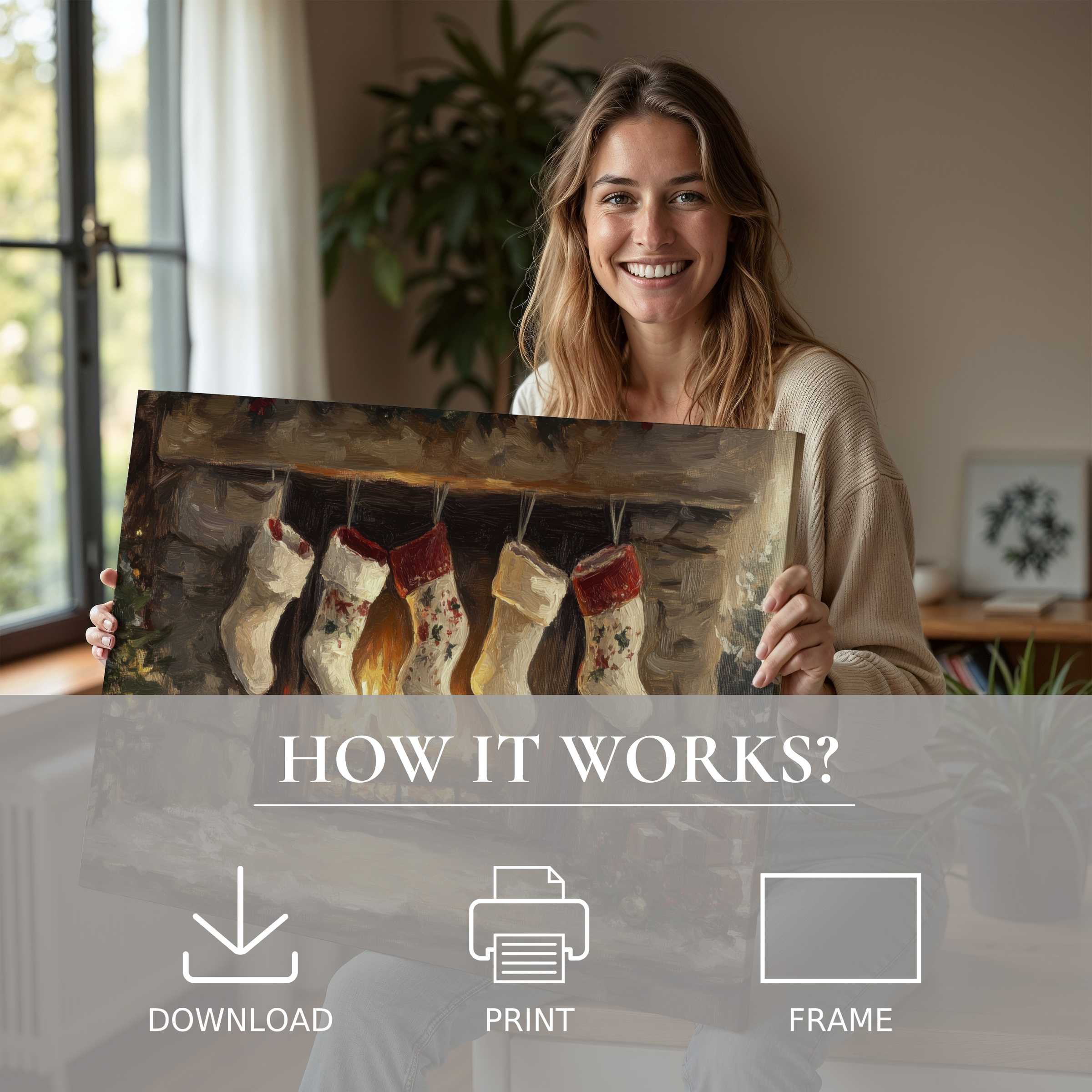 Joyful moment of art embracing a modern home with a warm Christmas digital art print, evoking timeless connection and grace