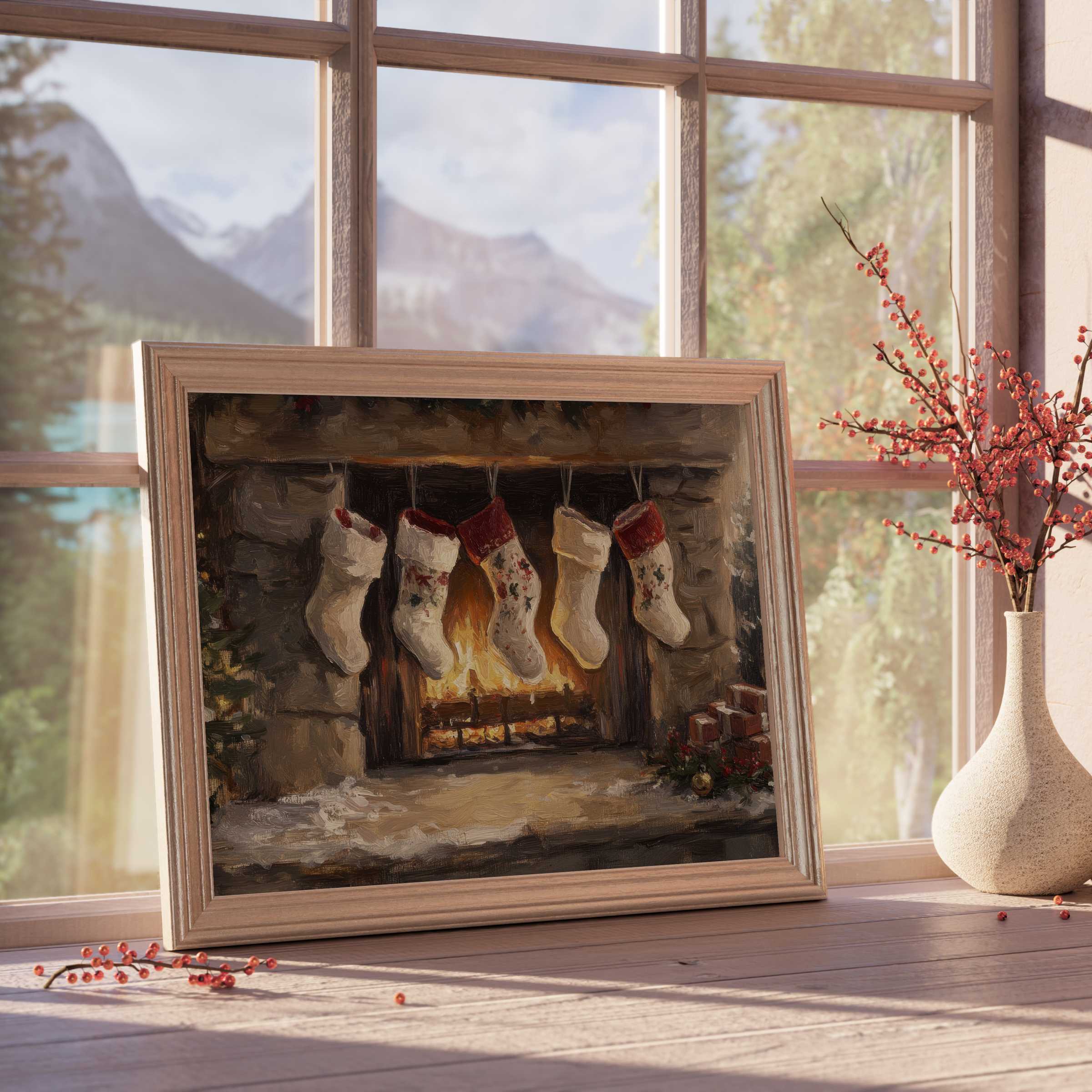 Christmas downloadable art capturing a cozy, warm fireside with hanging stockings, perfect for elegant, tranquil holiday interiors