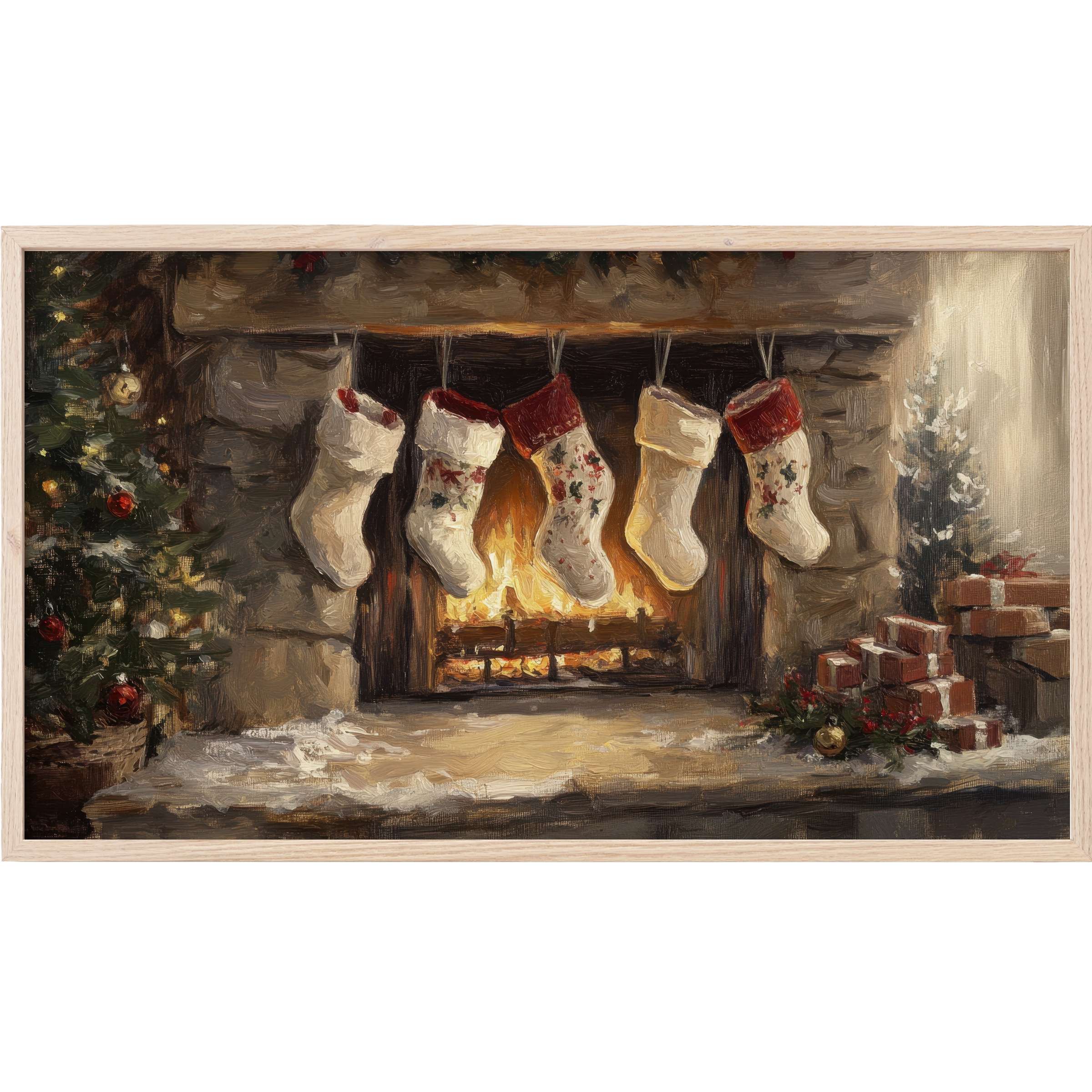 Elegant christmas Frame TV Art showing cozy stockings on a rustic stone fireplace with warm, muted tones and soft brushstrokes
