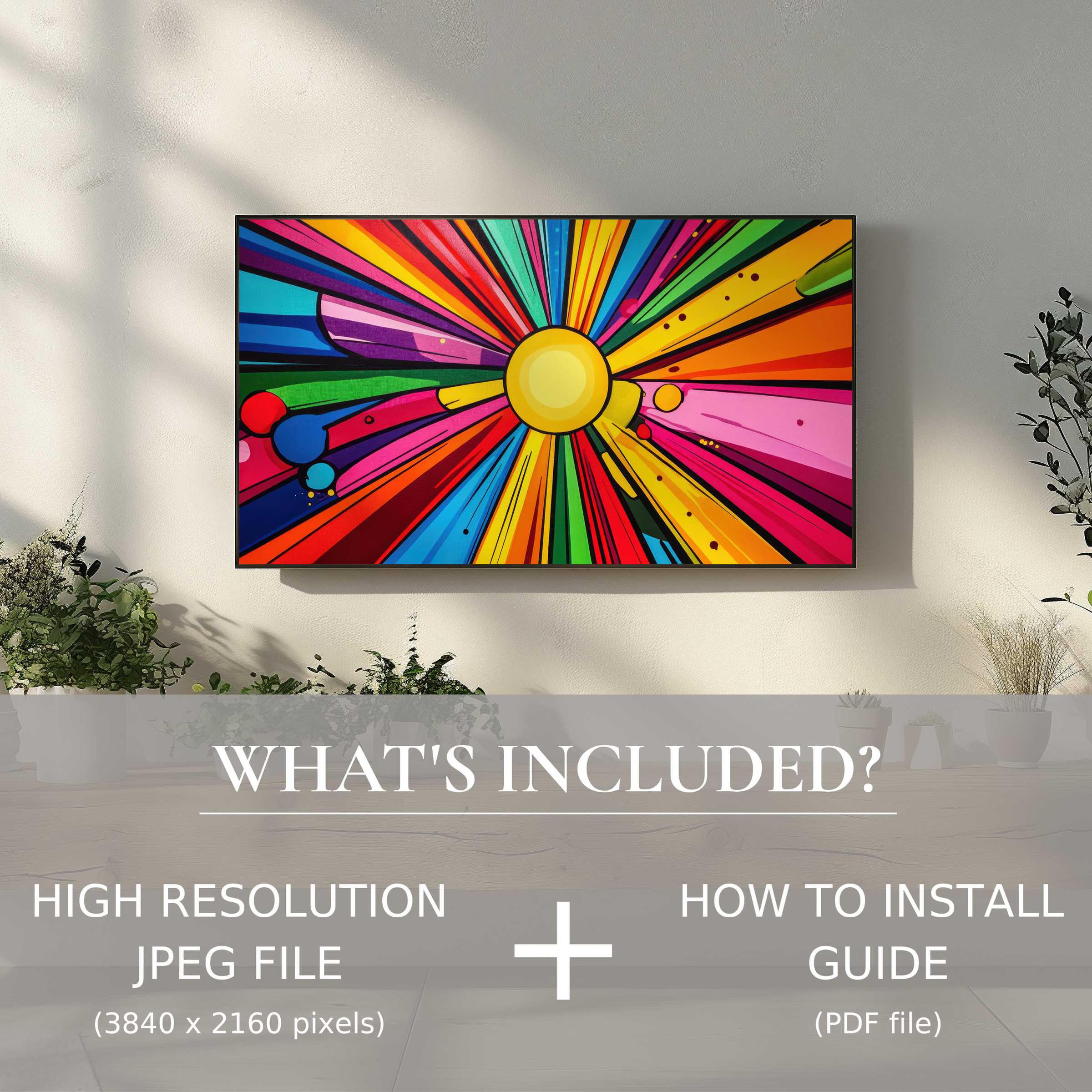 Elegant living room with vibrant pop art digital TV art download, easy to use, enhancing modern home ambiance