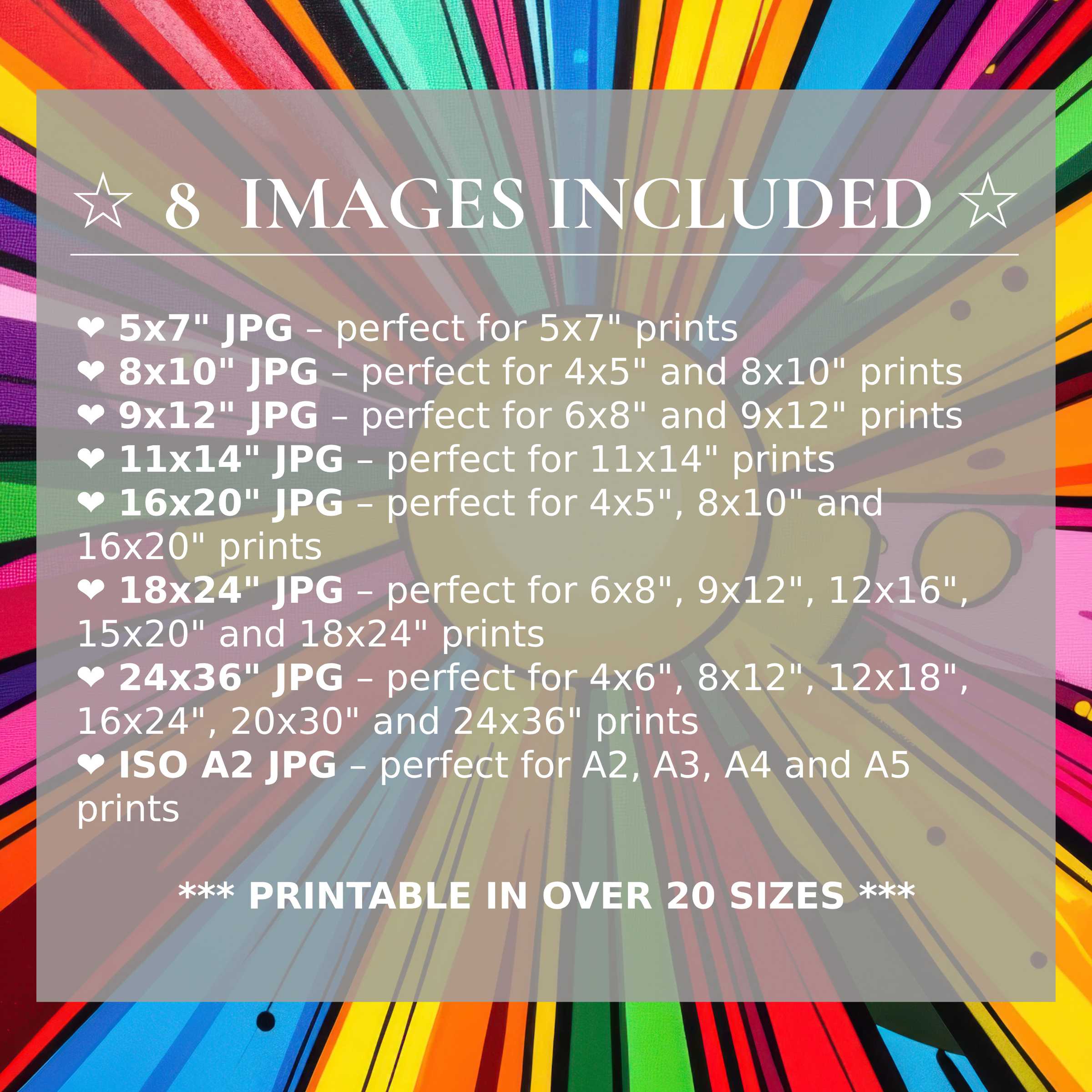 Pop art digital print radiates bold reds, blues, and yellows, enhancing modern interiors with style and 8 high-quality sizes included
