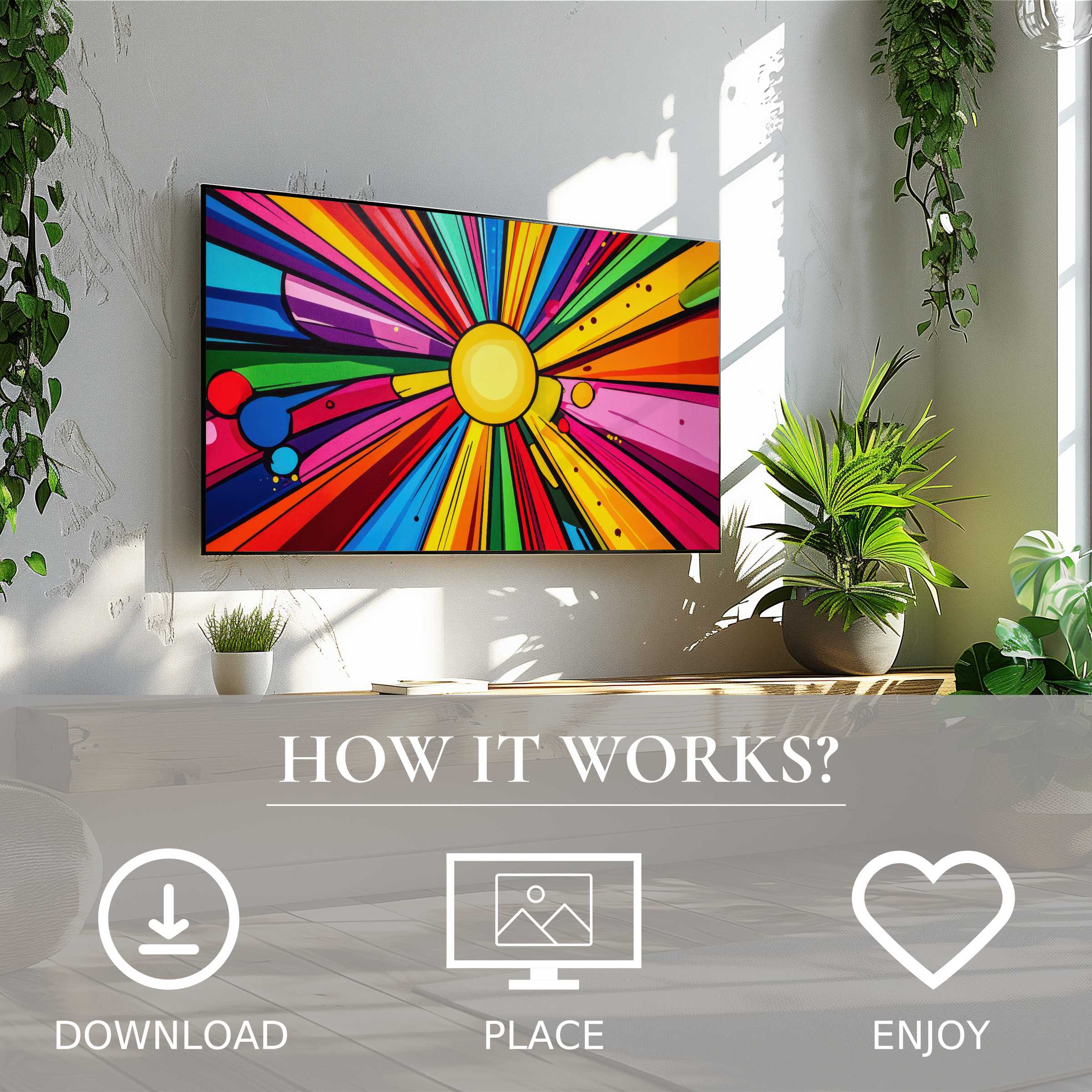 Pop art art for Samsung TV with vibrant color burst motif, easy digital download, enhances modern living spaces