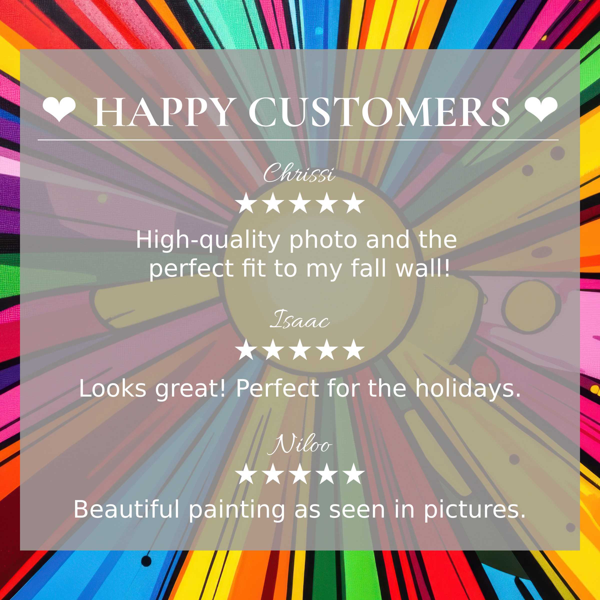 Pop art for Frame TV with vibrant abstract sunset hues, showcasing happy customer reviews and elegant design appeal