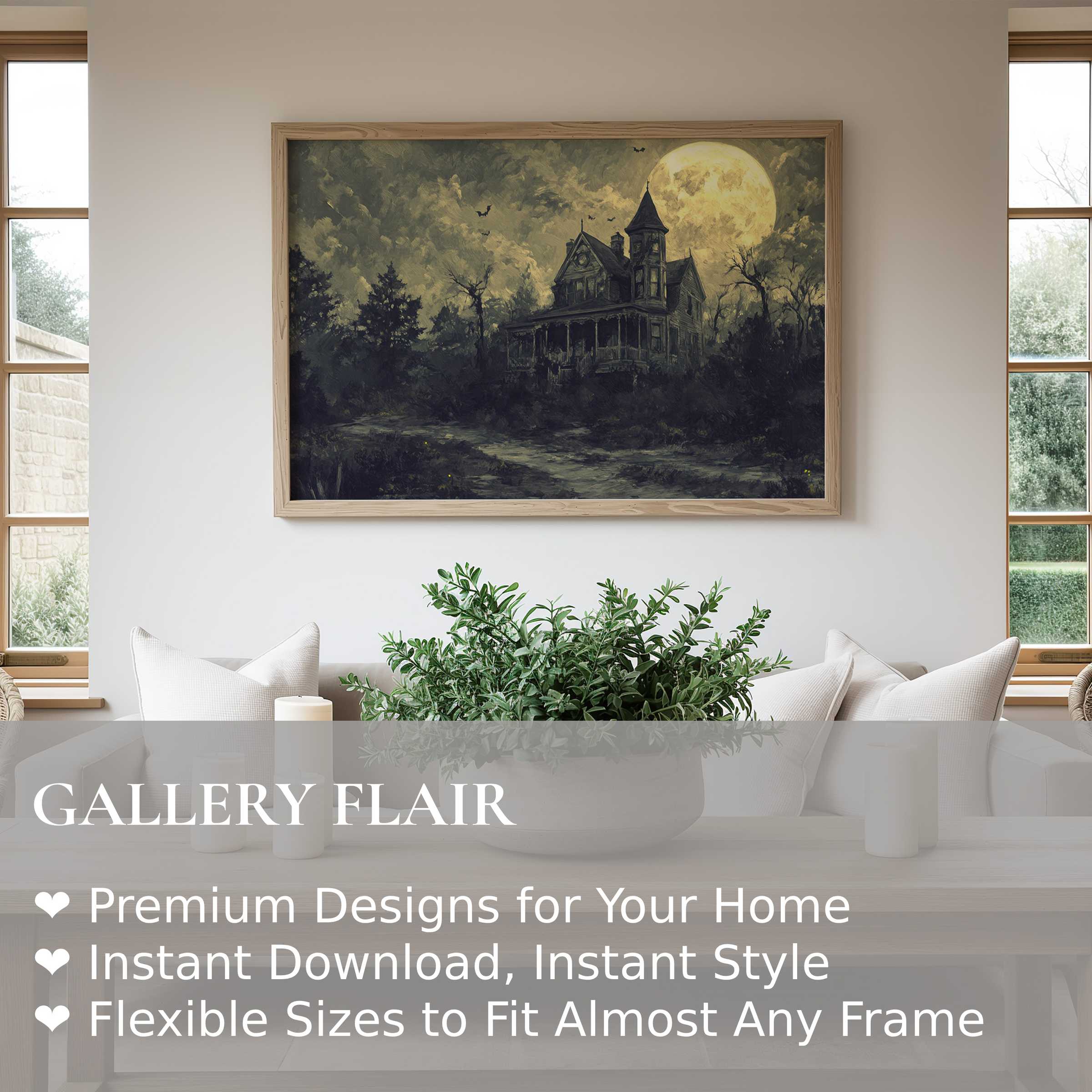 Hauntingly atmospheric halloween wall art print featuring a moonlit Victorian mansion, adding bold gothic charm to modern minimalist interiors