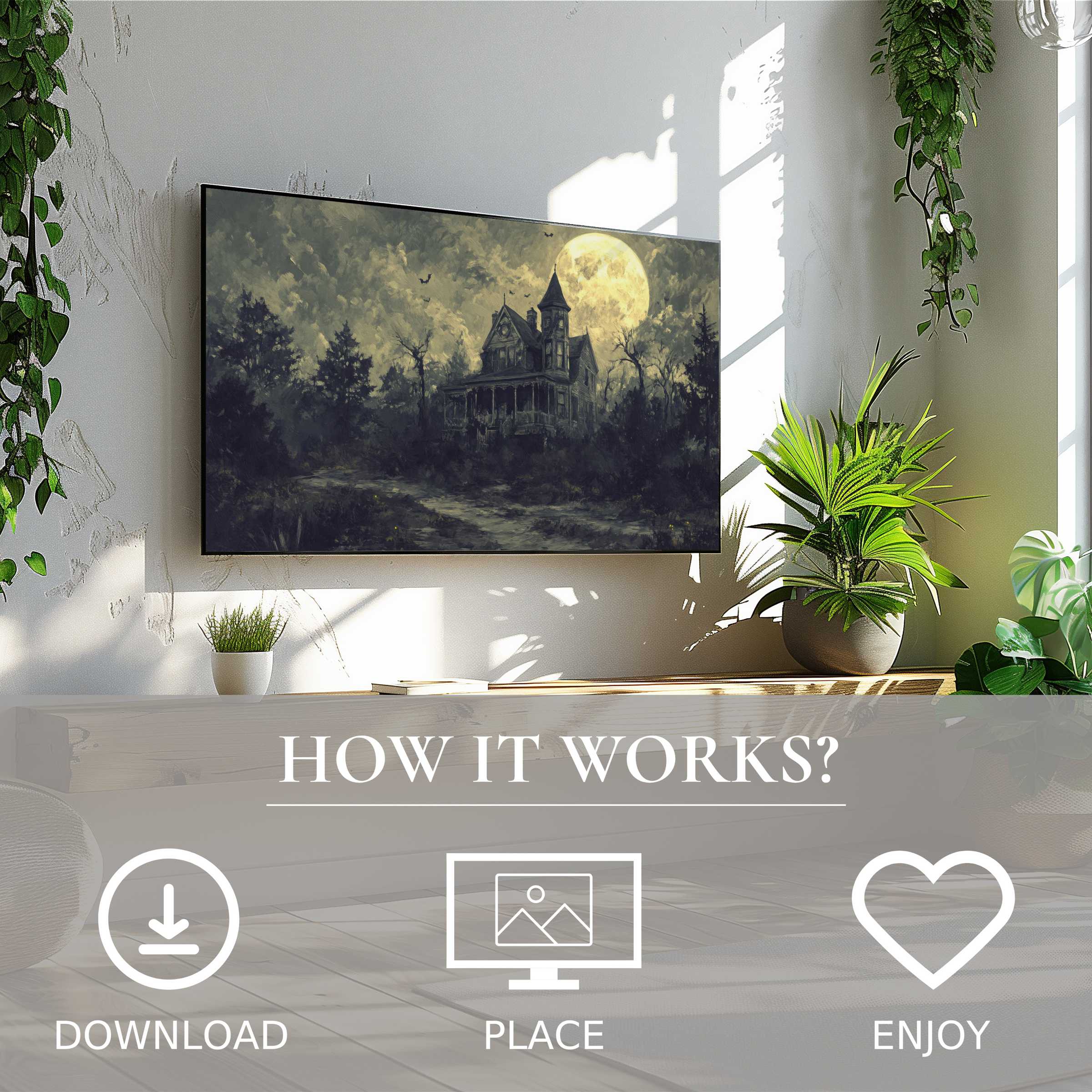 Halloween art for Samsung TV shows a haunted house with moonlit tones, easy digital download enriches modern living rooms