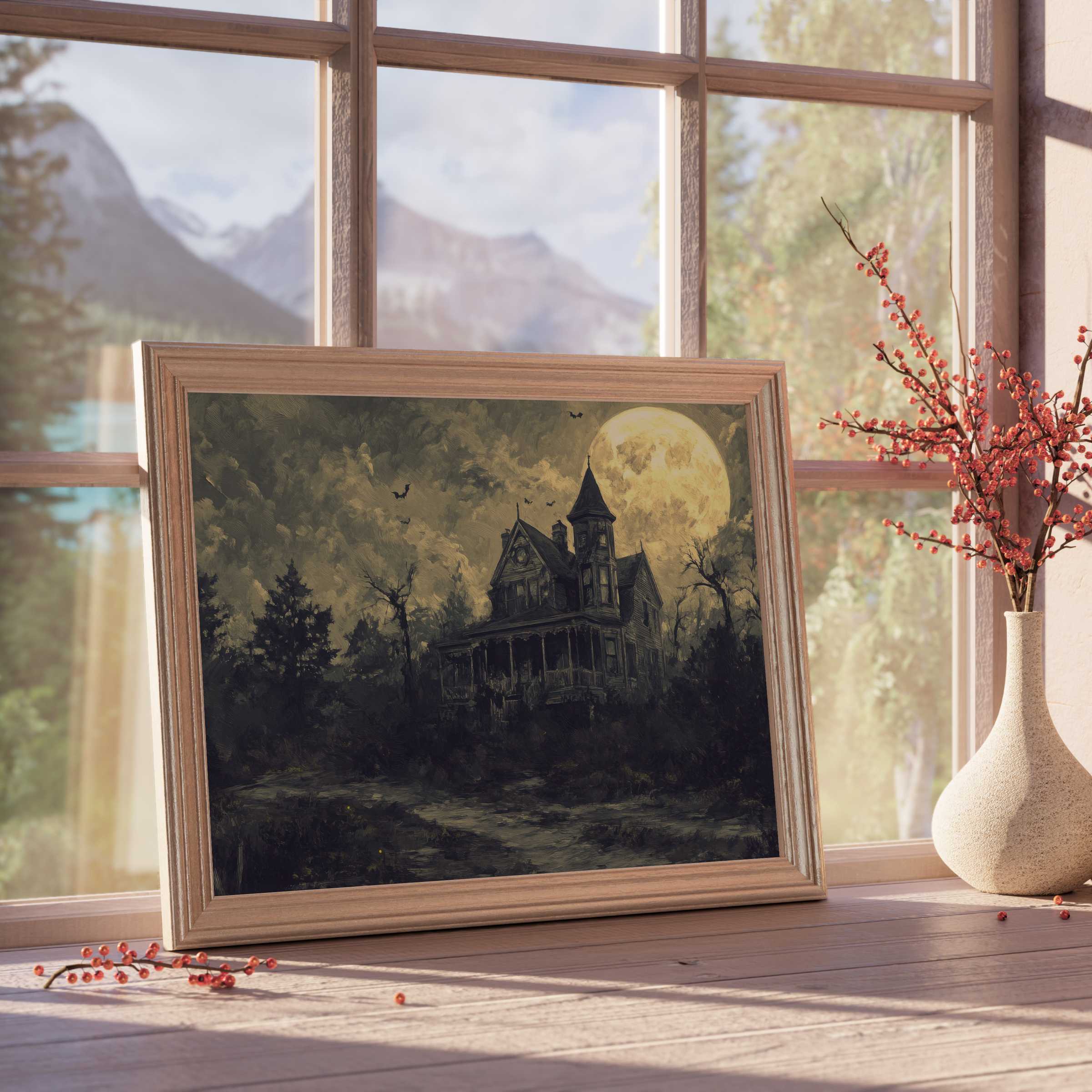 Halloween downloadable art featuring a haunting Victorian mansion under moonlight, perfect for elegant, moody decor spaces