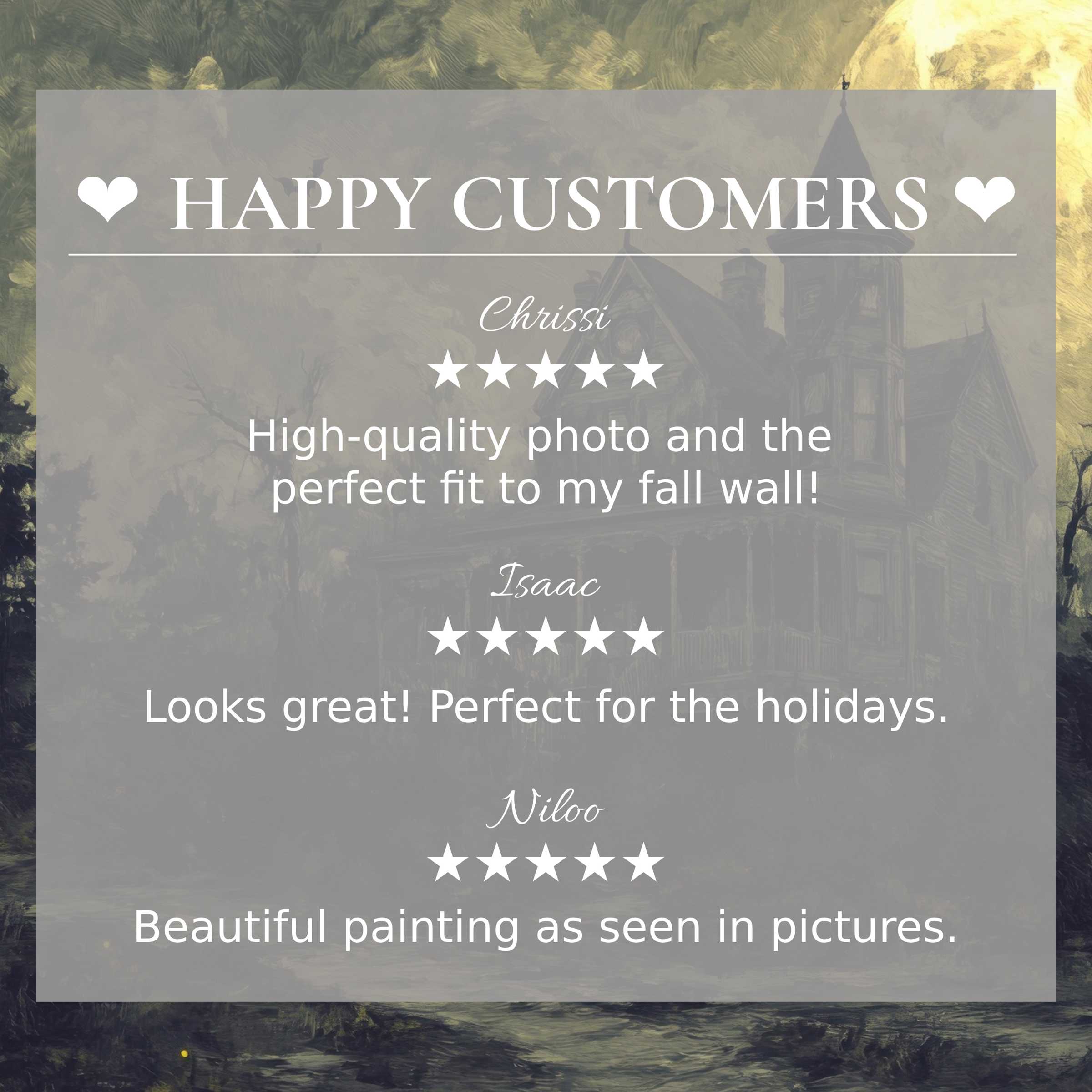 Elegant halloween art for Frame TV with dusky green haunted house background and happy customer reviews building trust