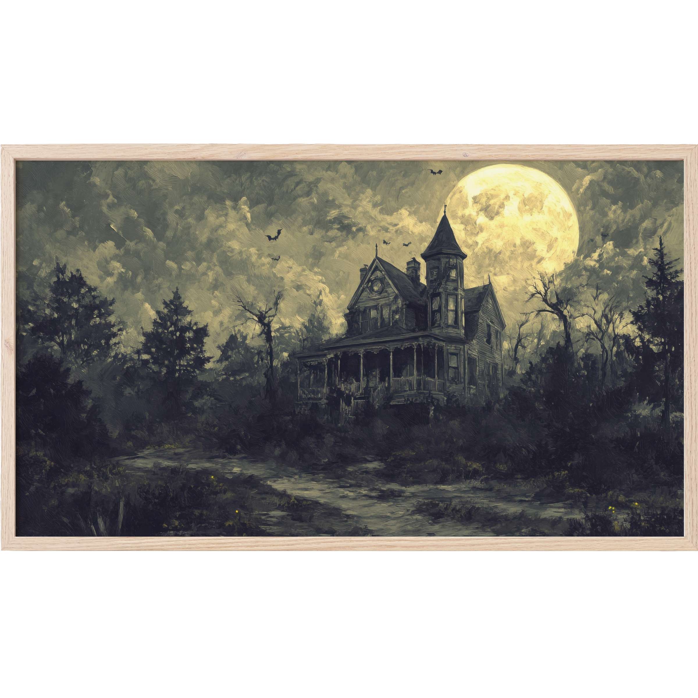 Haunting moonlit Victorian mansion with dark trees, textured brushstrokes and muted greens - halloween Frame TV Art