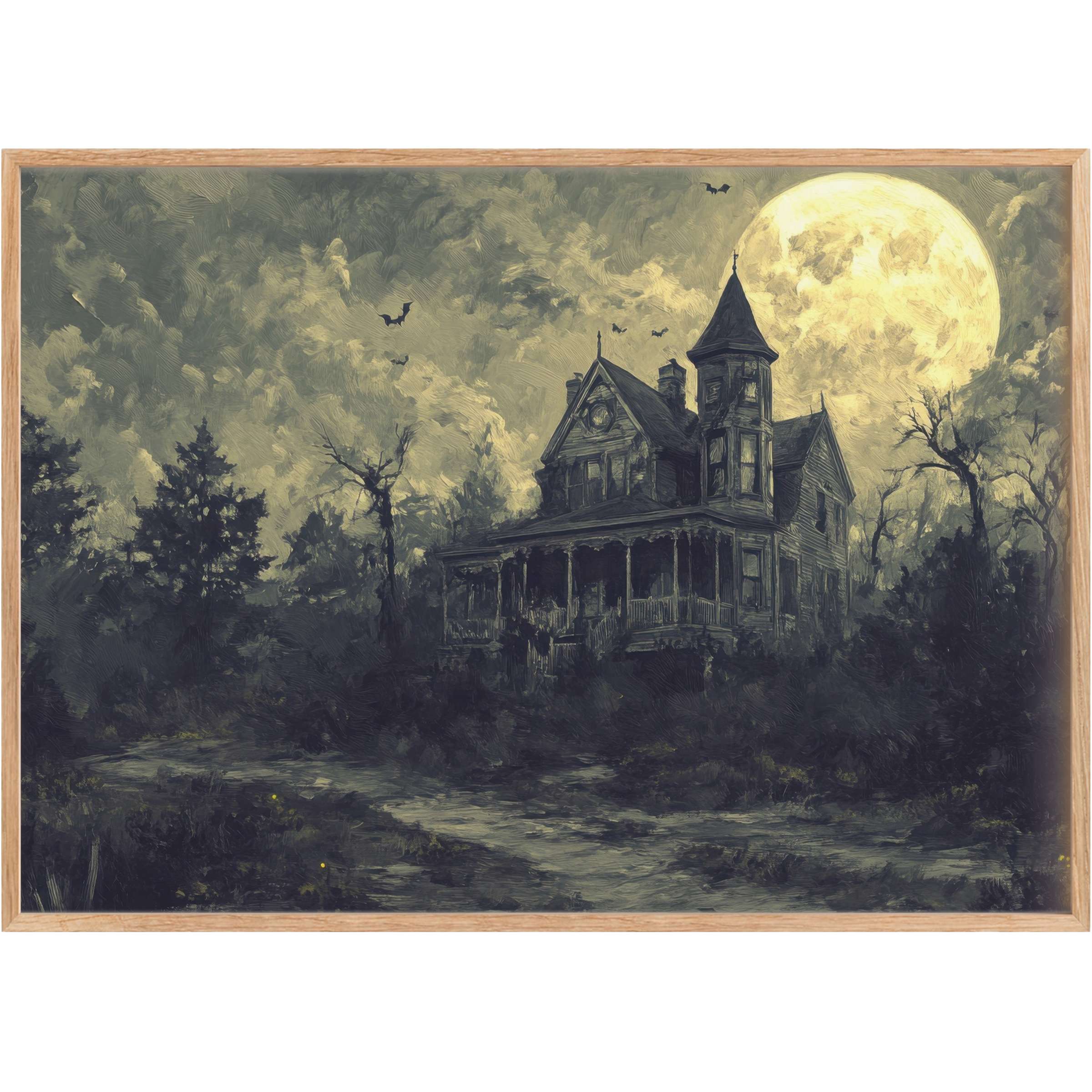 Hauntingly elegant halloween printable wall art featuring a moonlit Gothic manor bathed in muted grays and deep shadows, evoking mysterious allure and timeless suspense