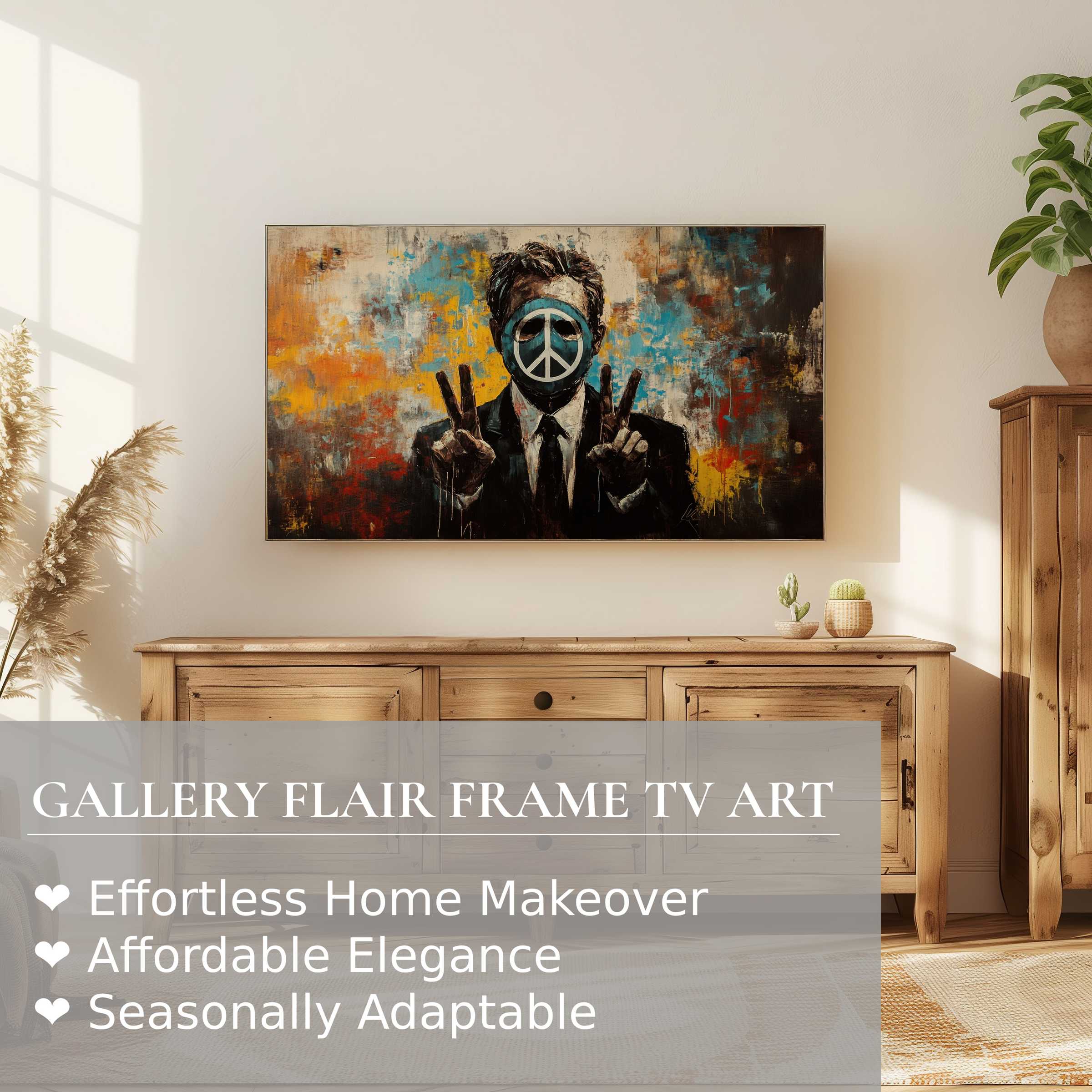 Modern living room with warm wood tones, Samsung Frame TV displaying vibrant street art digital artwork