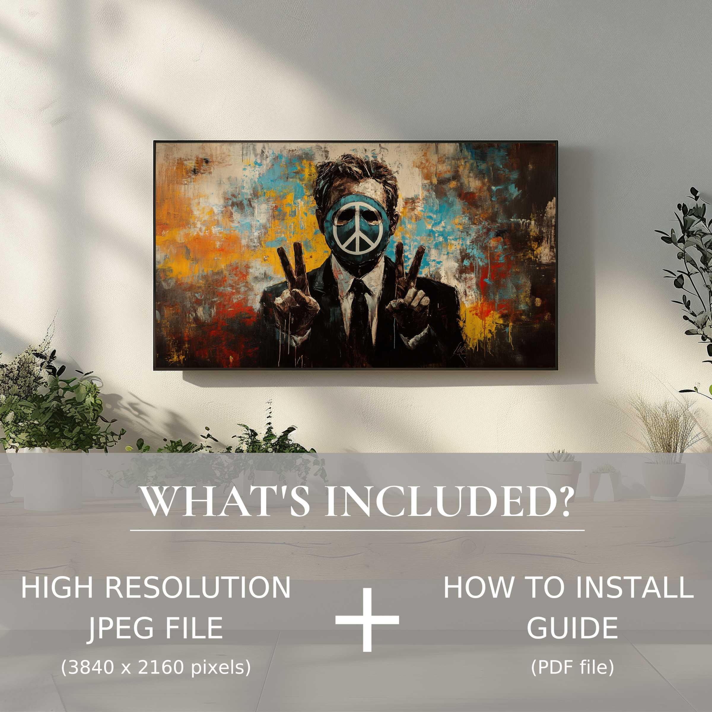 Elegant living room enhanced with street art digital TV art download, easy to use for modern home decor style