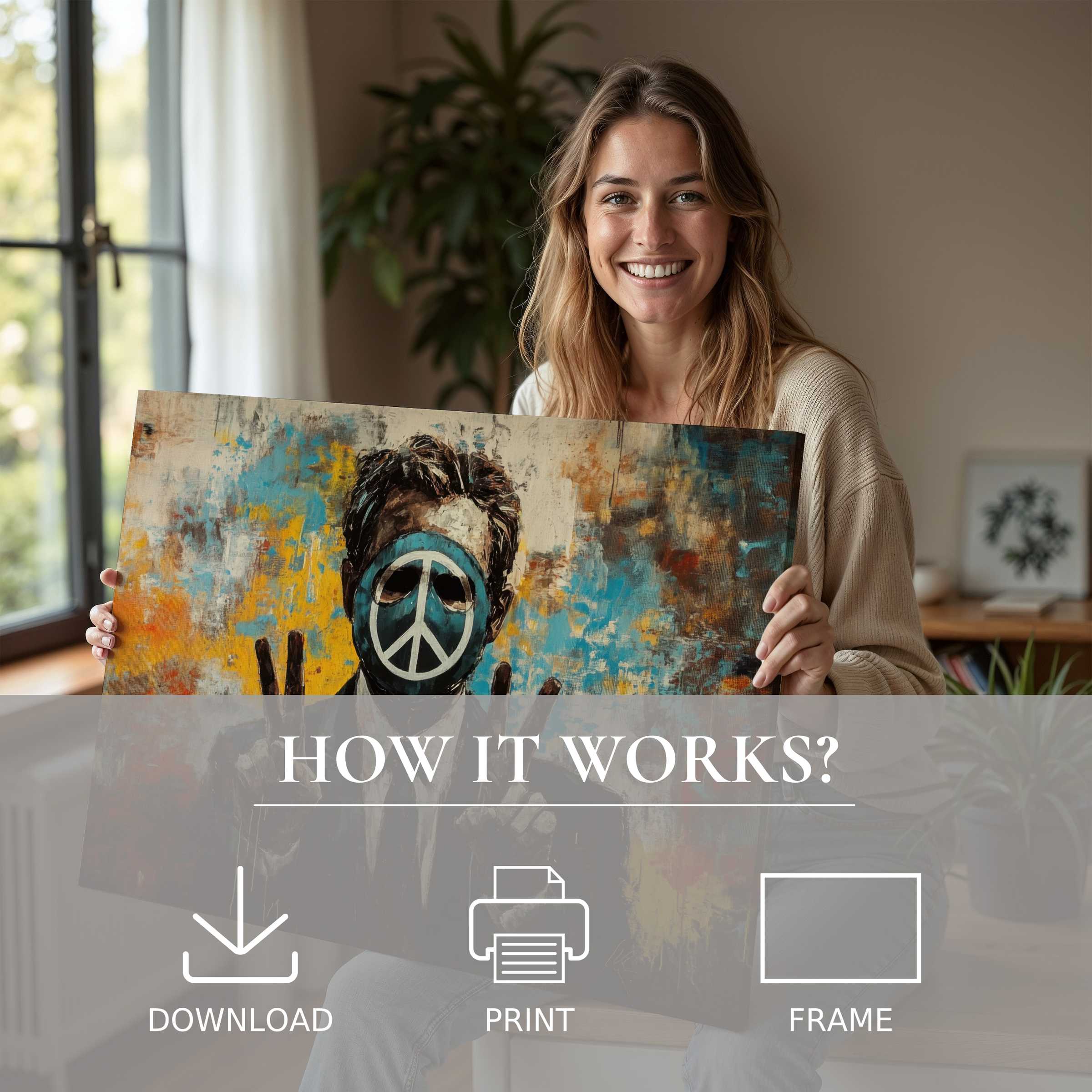 A joyful moment unveiling street art digital art print, blending vibrant colors and serene harmony in a stylish modern home