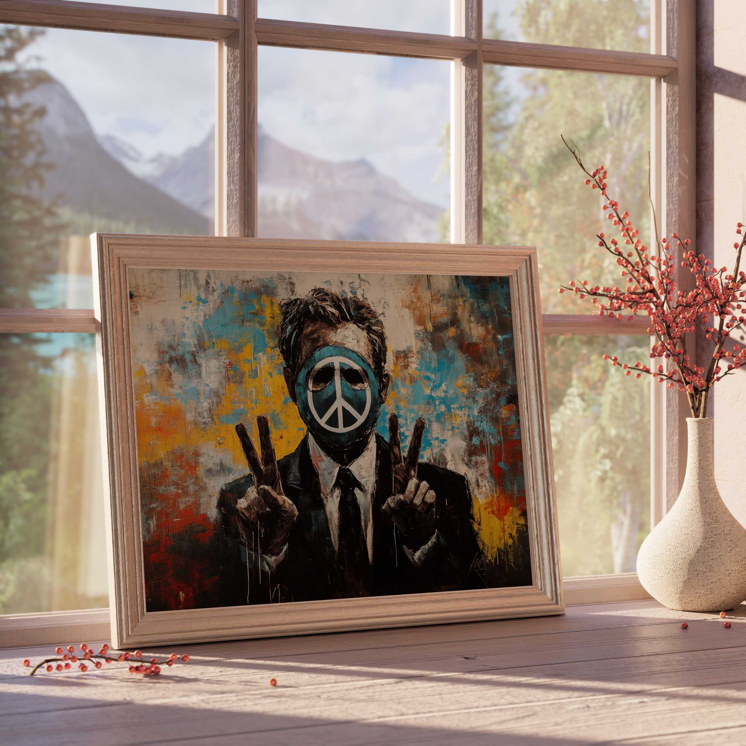 Bold street art downloadable art featuring a striking peace symbol face and vibrant urban colors, perfect for chic, curated interiors