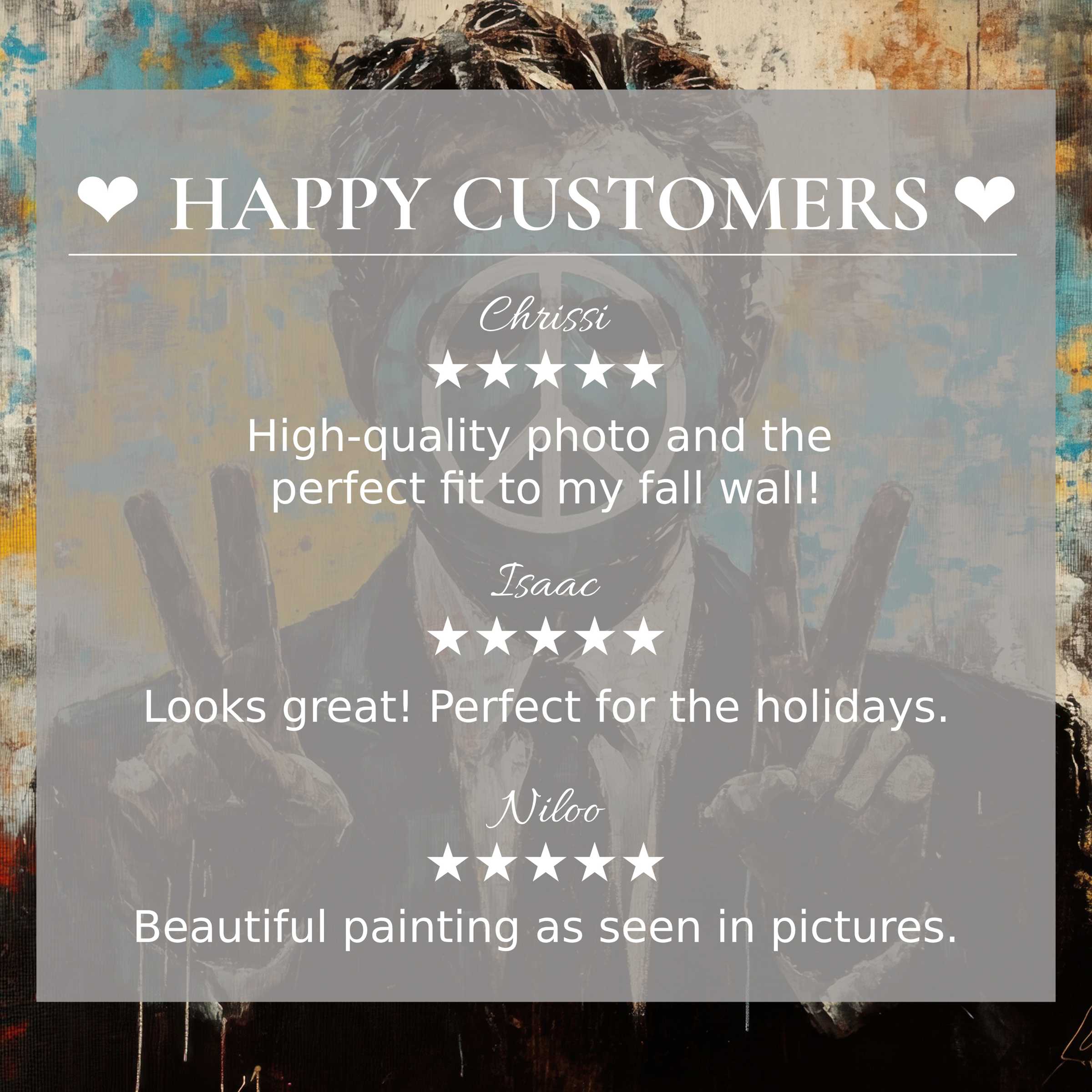 Street art for Frame TV with abstract sunset hues, showcasing happy customer reviews and elegant product trust