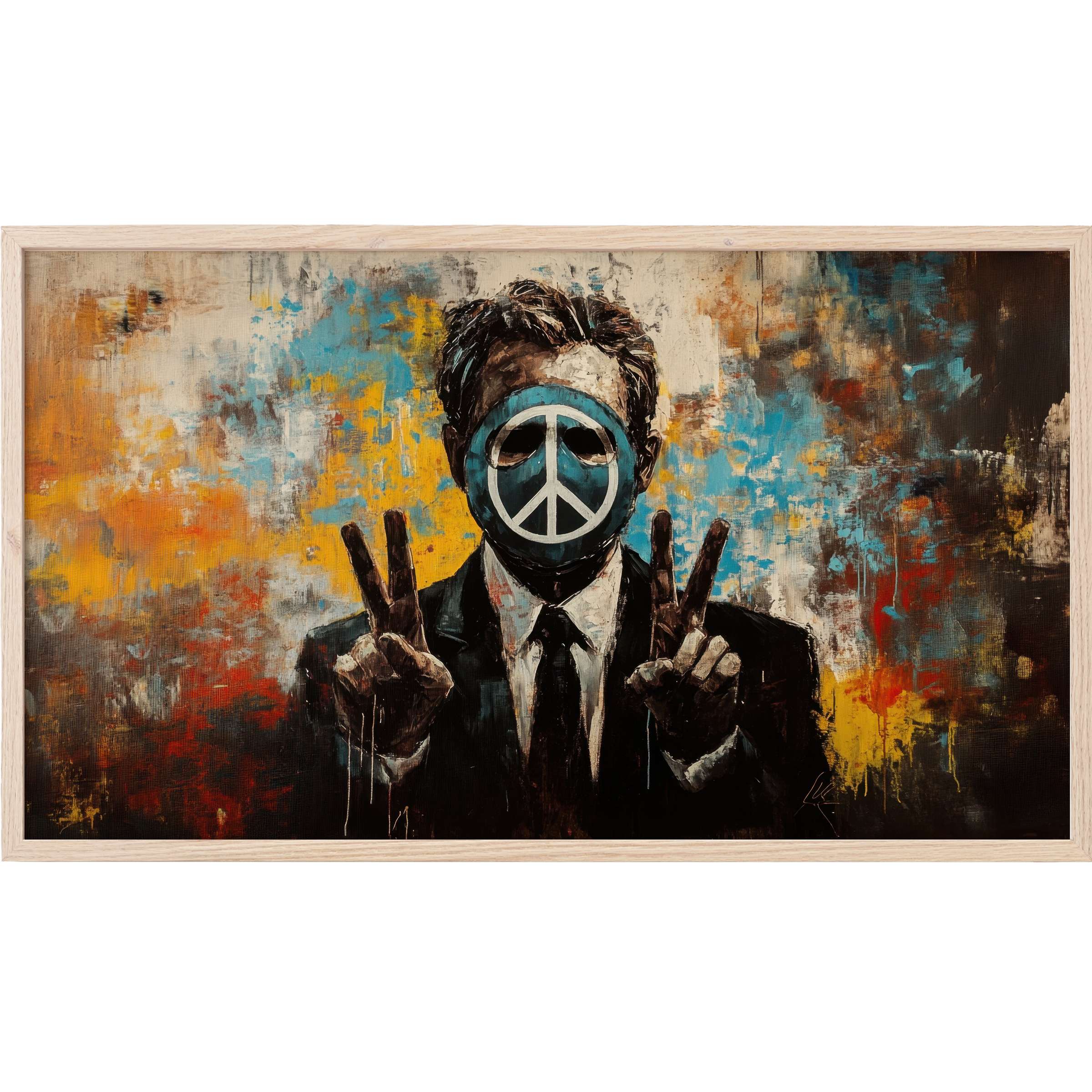 Street art Frame TV Art of a suited figure with a peace symbol mask, vivid blues, yellows, and bold brushstrokes