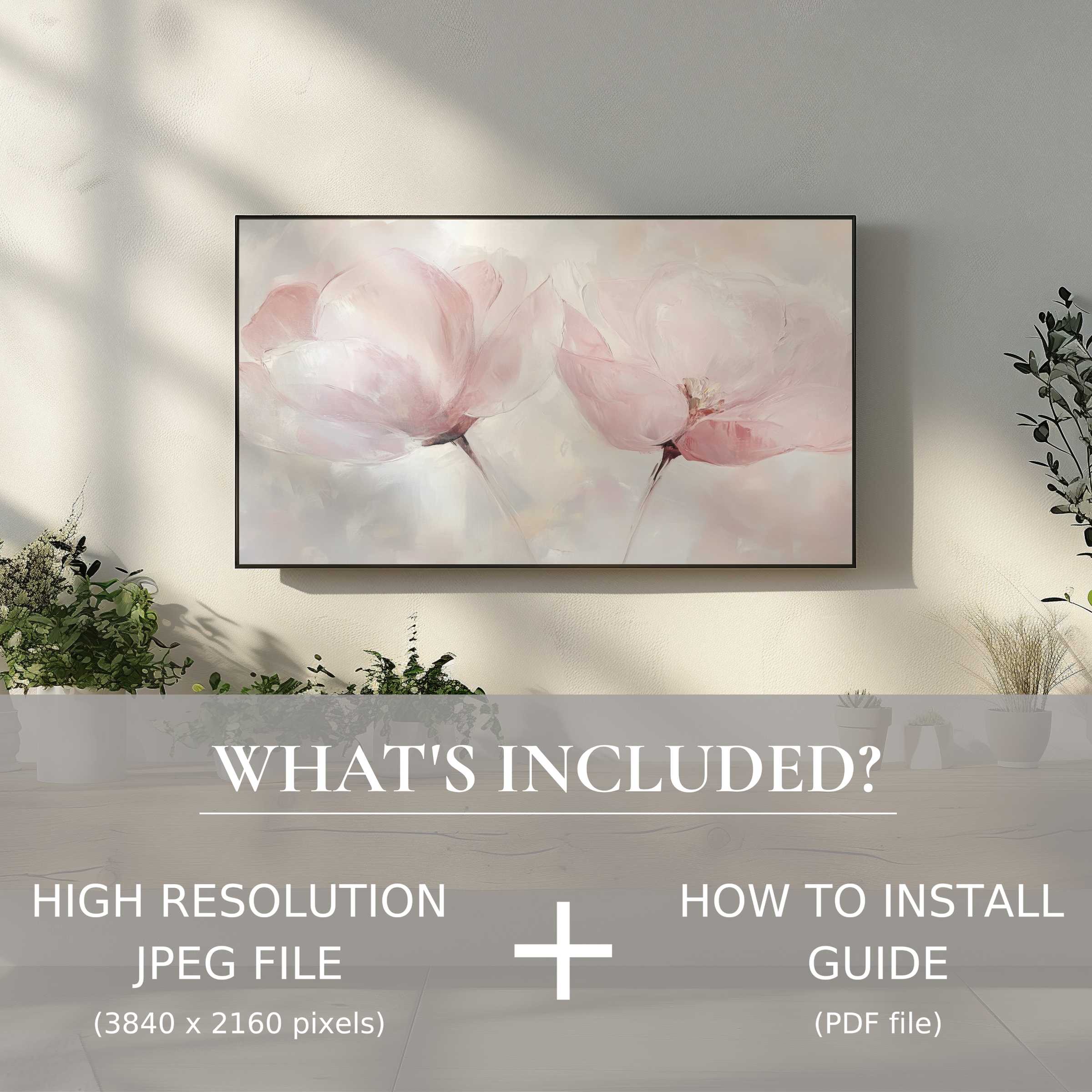 Elegant modern digital TV art download of soft floral design, enhancing your space with easy digital use and style