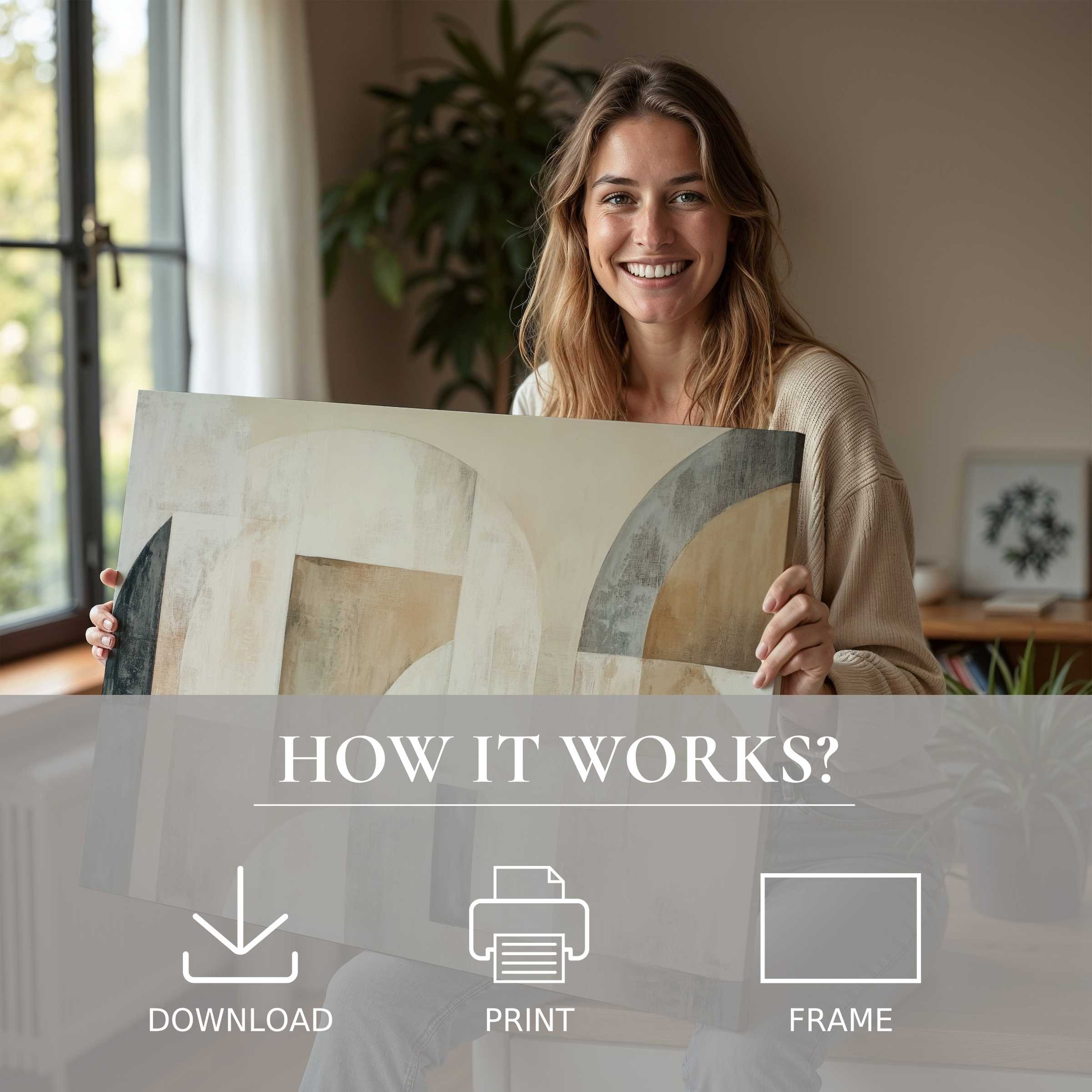 Bright, serene moment of joy connecting with an abstract digital art print in a modern, stylish home sanctuary