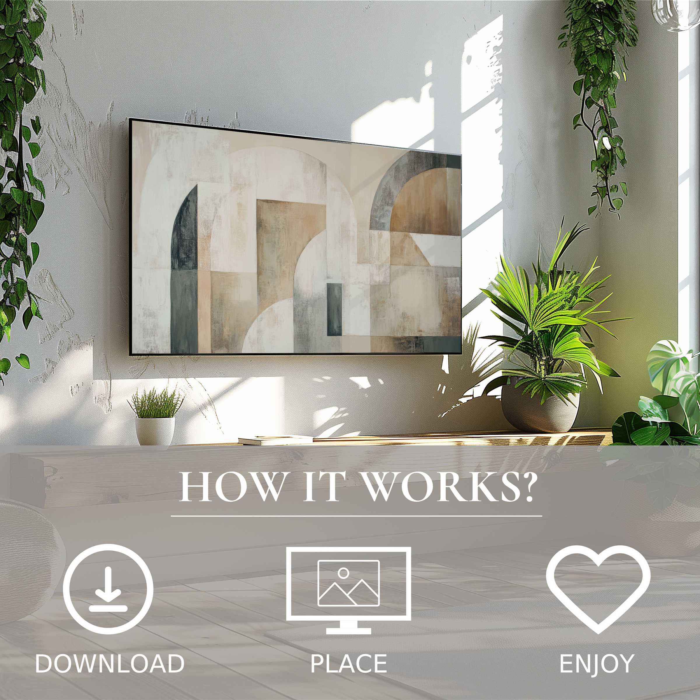 Abstract art for Samsung TV in cozy, sunlit room with geometric soft earth tones; easy digital download enriches space