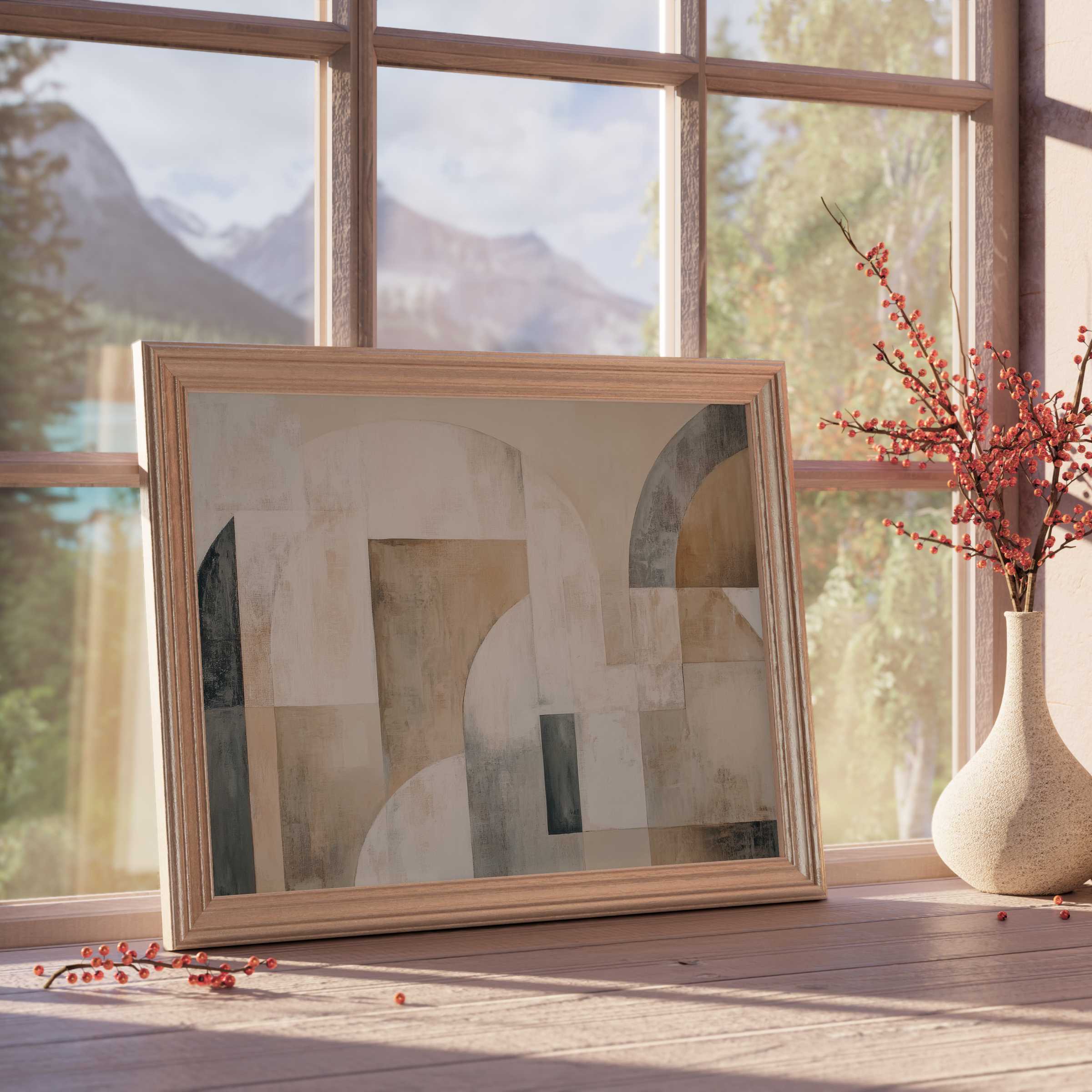 Serene abstract downloadable art in muted earth tones, enhancing tranquil, curated interiors with warm organic shapes and natural textures