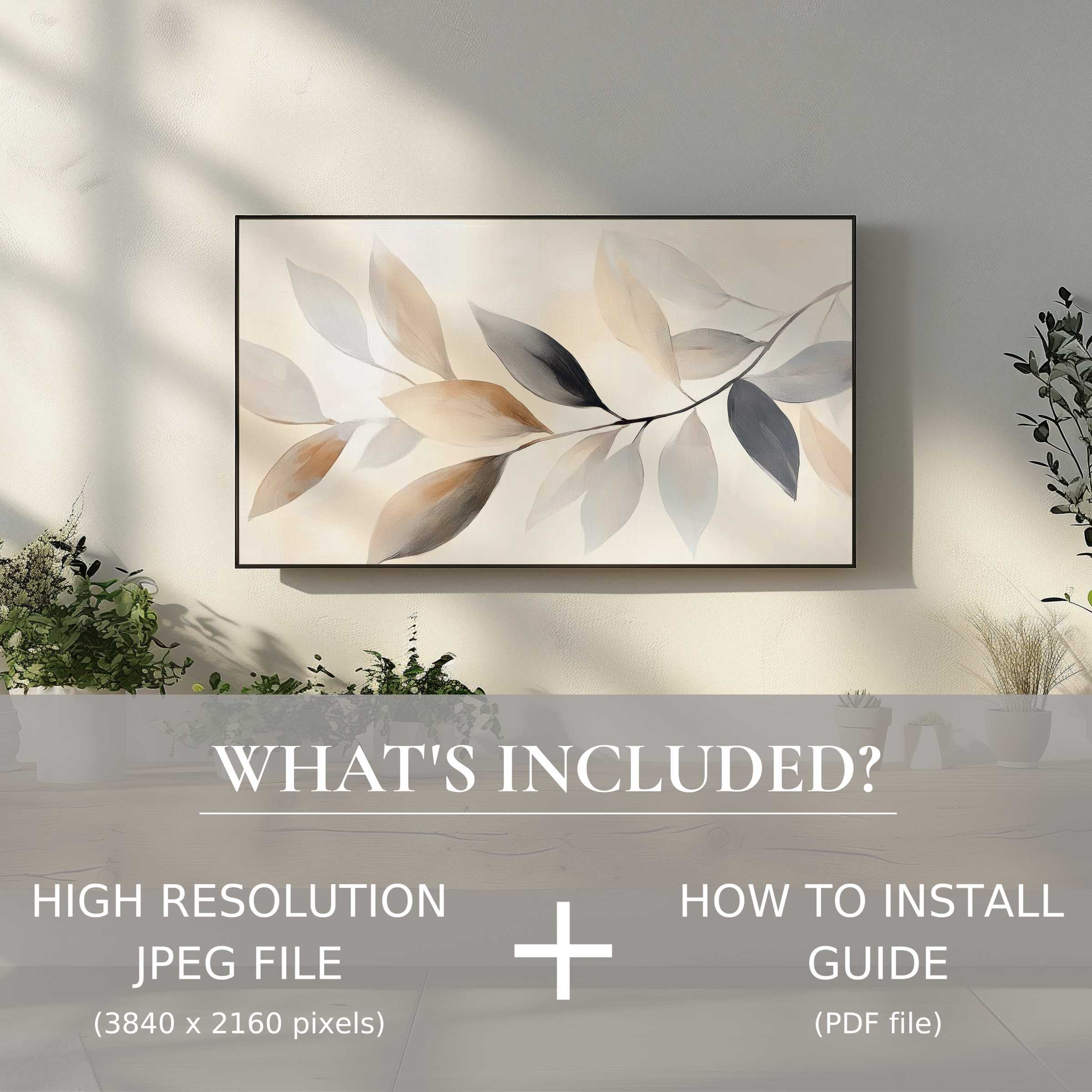 Modern living room with elegant neutral digital TV art download, easy to use and enhances any space beautifully