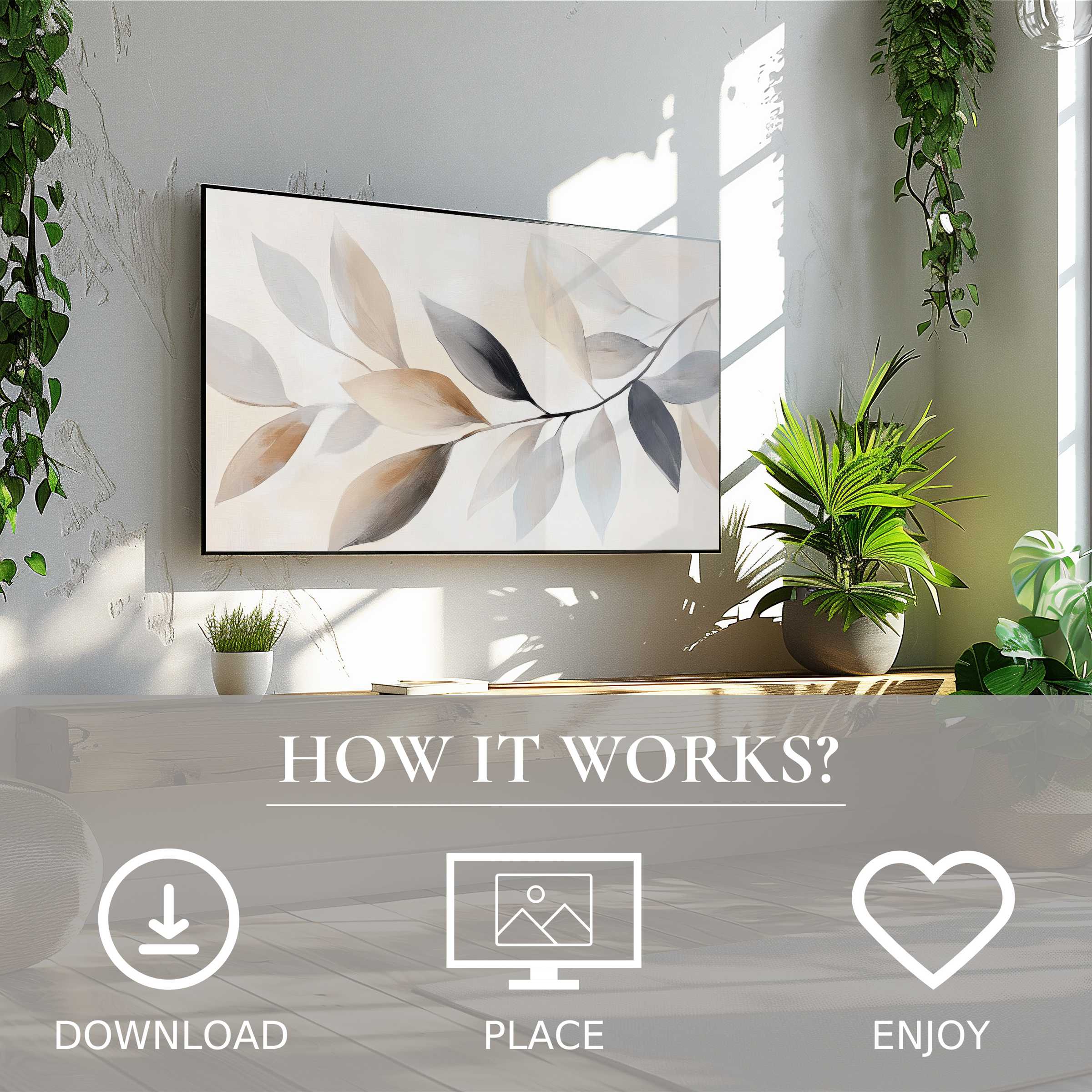 Neutral art for Samsung TV shows soft beige and gray leaf motif, easy digital download enhances modern calm living spaces