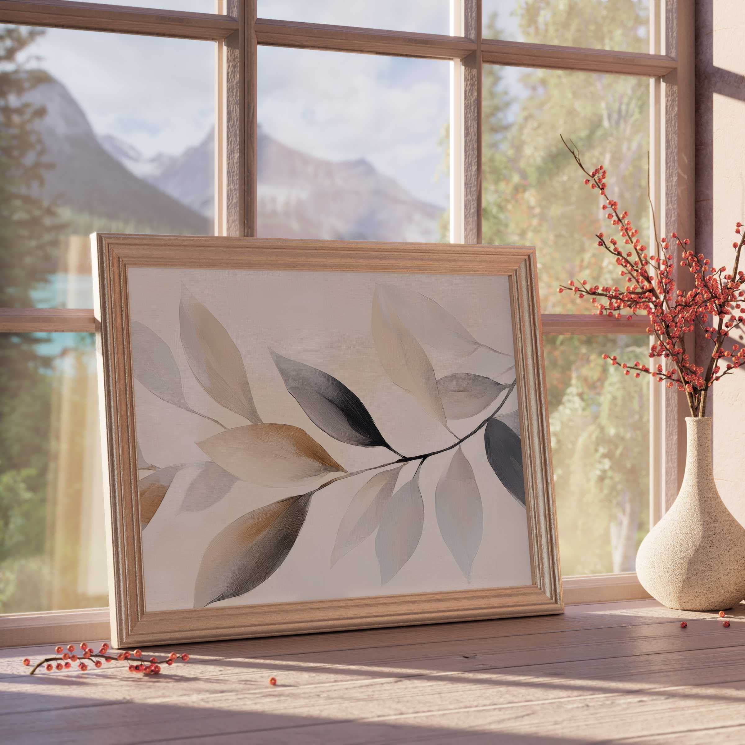 Neutral downloadable art with soft, elegant leaves in warm earth tones elevates tranquil, curated interiors with modern minimalism