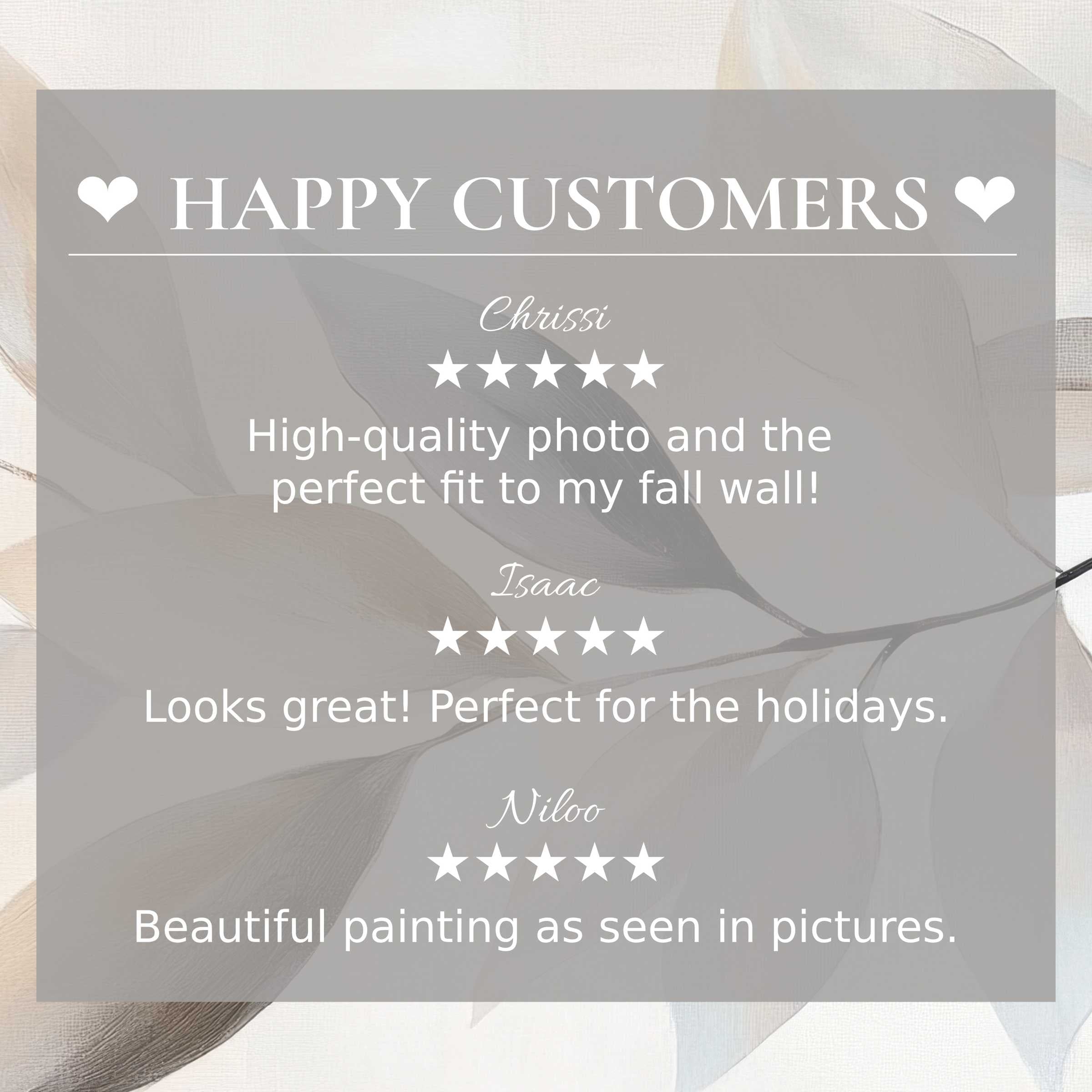 Happy customer reviews highlight trust and elegant neutral art for Frame TV with soft, abstract leaf patterns in background