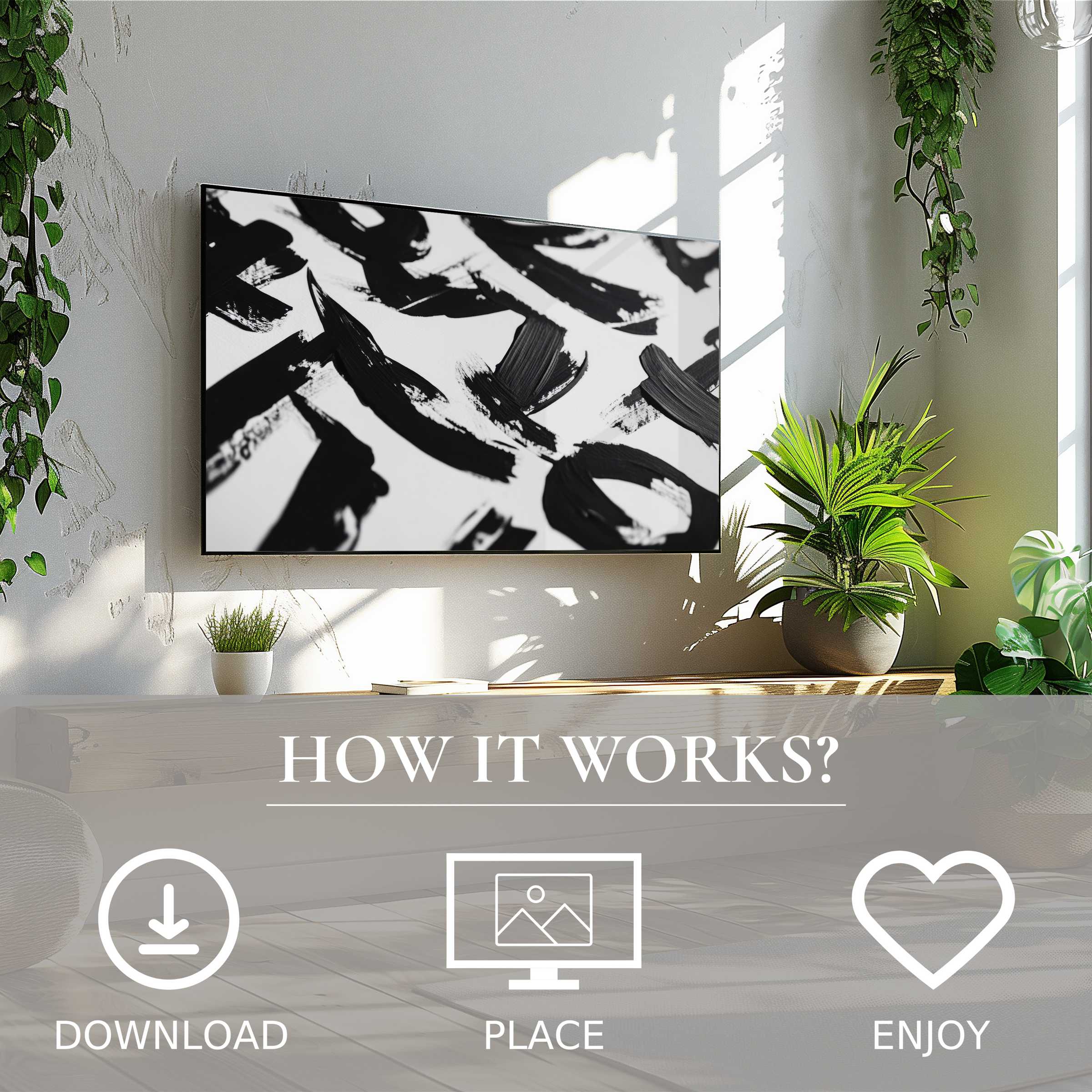 Modern living room with black and white art for Samsung TV, abstract brush strokes, easy digital download decor