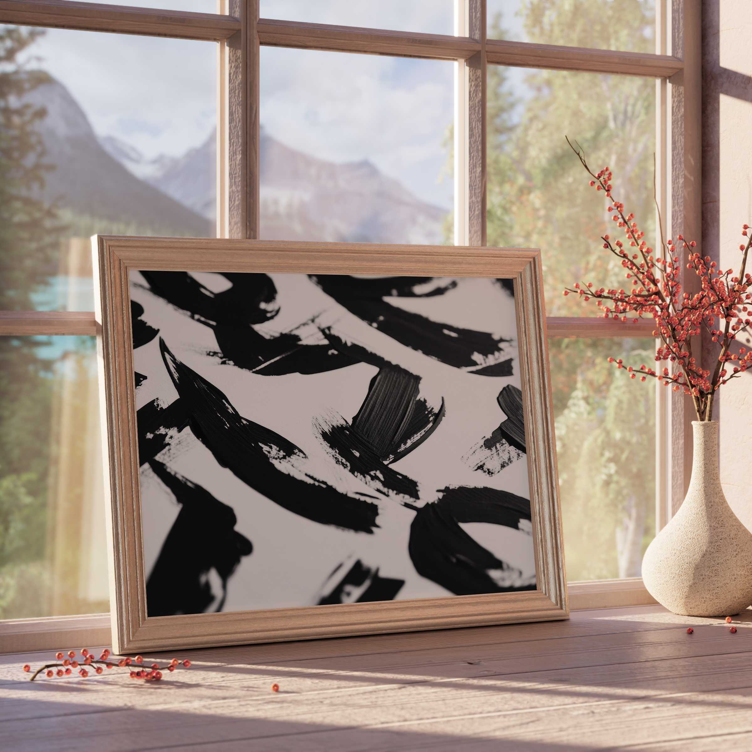 Bold black and white downloadable art with dynamic brushstrokes, perfect for curated, tranquil, and design-forward interiors